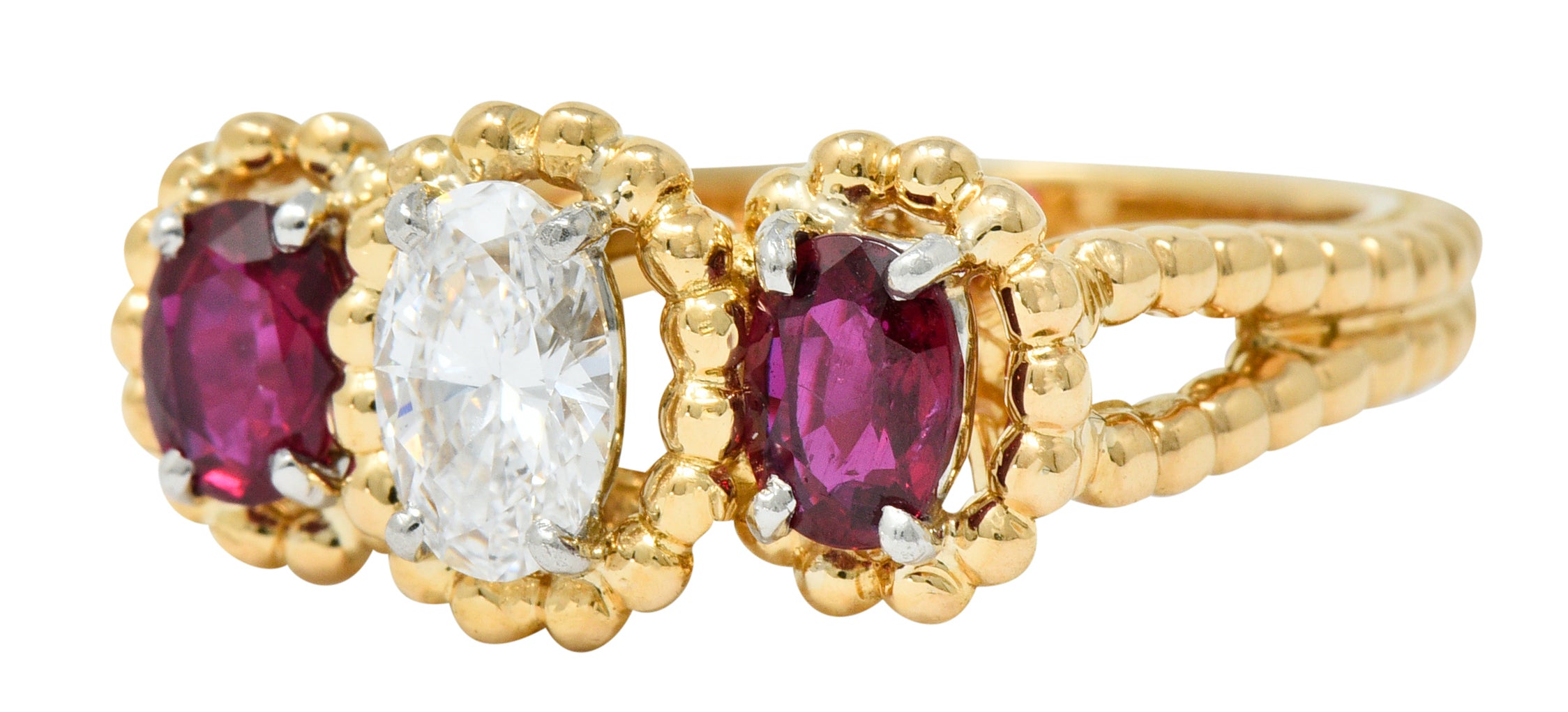 Oscar Heyman 1.07 CTW Diamond Ruby 18 Karat Gold Platinum Three Stone RingRing - Wilson's Estate Jewelry