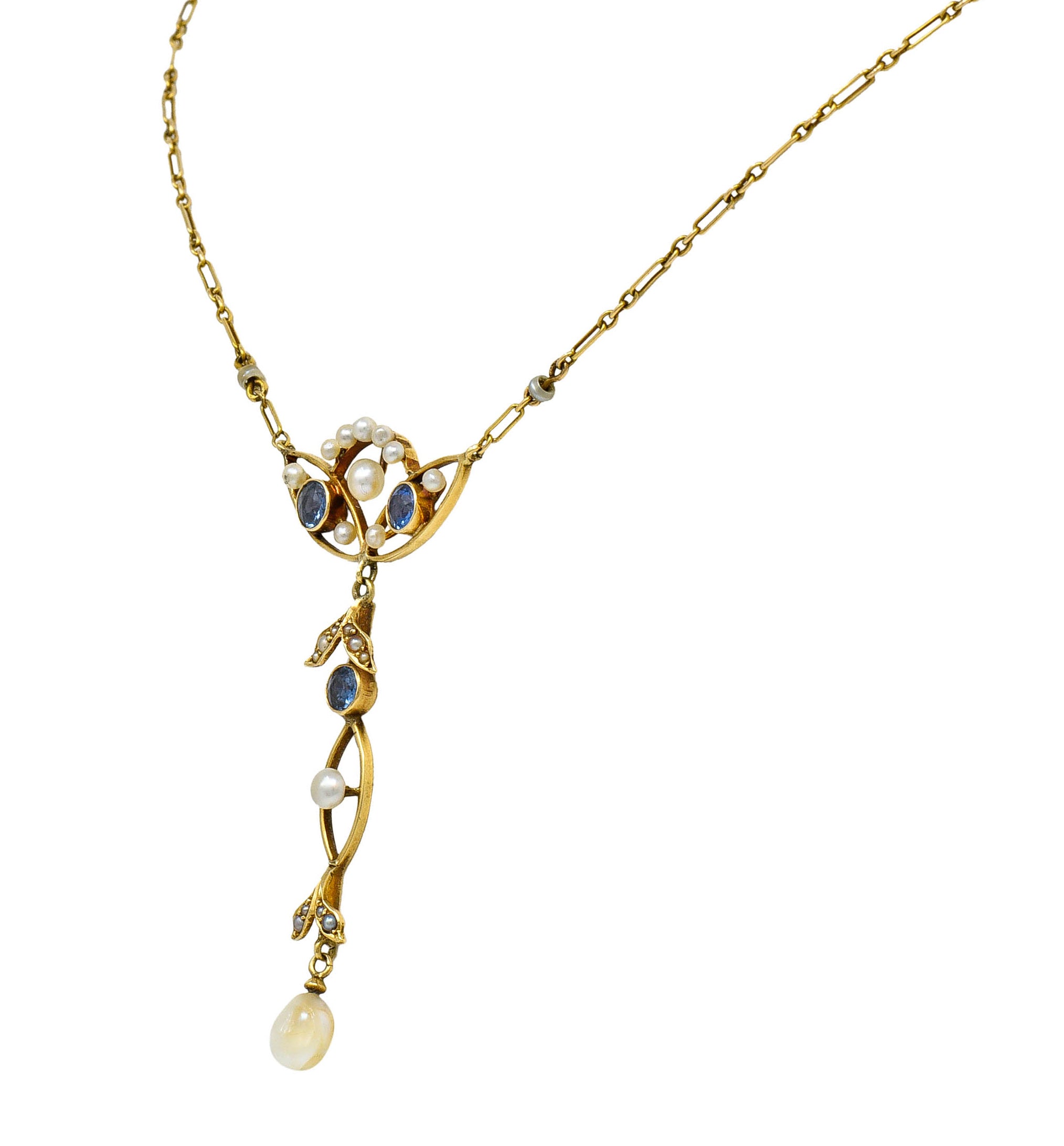 Art Nouveau Sapphire Pearl 14 Karat Gold Ornate Station NecklaceNecklace - Wilson's Estate Jewelry