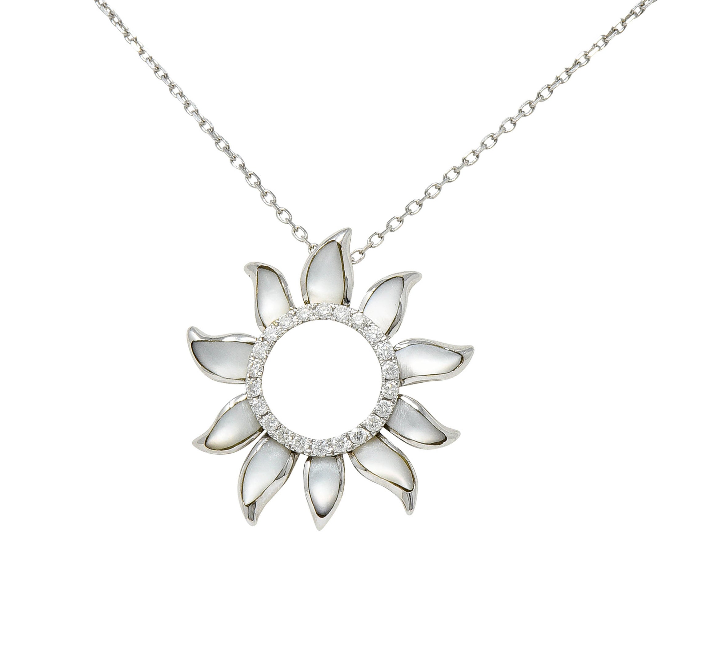 Hawaiian Na Hoku Mother-Of-Pearl Diamond 14 Karat White Gold Sun Pendant Necklace - Wilson's Estate Jewelry