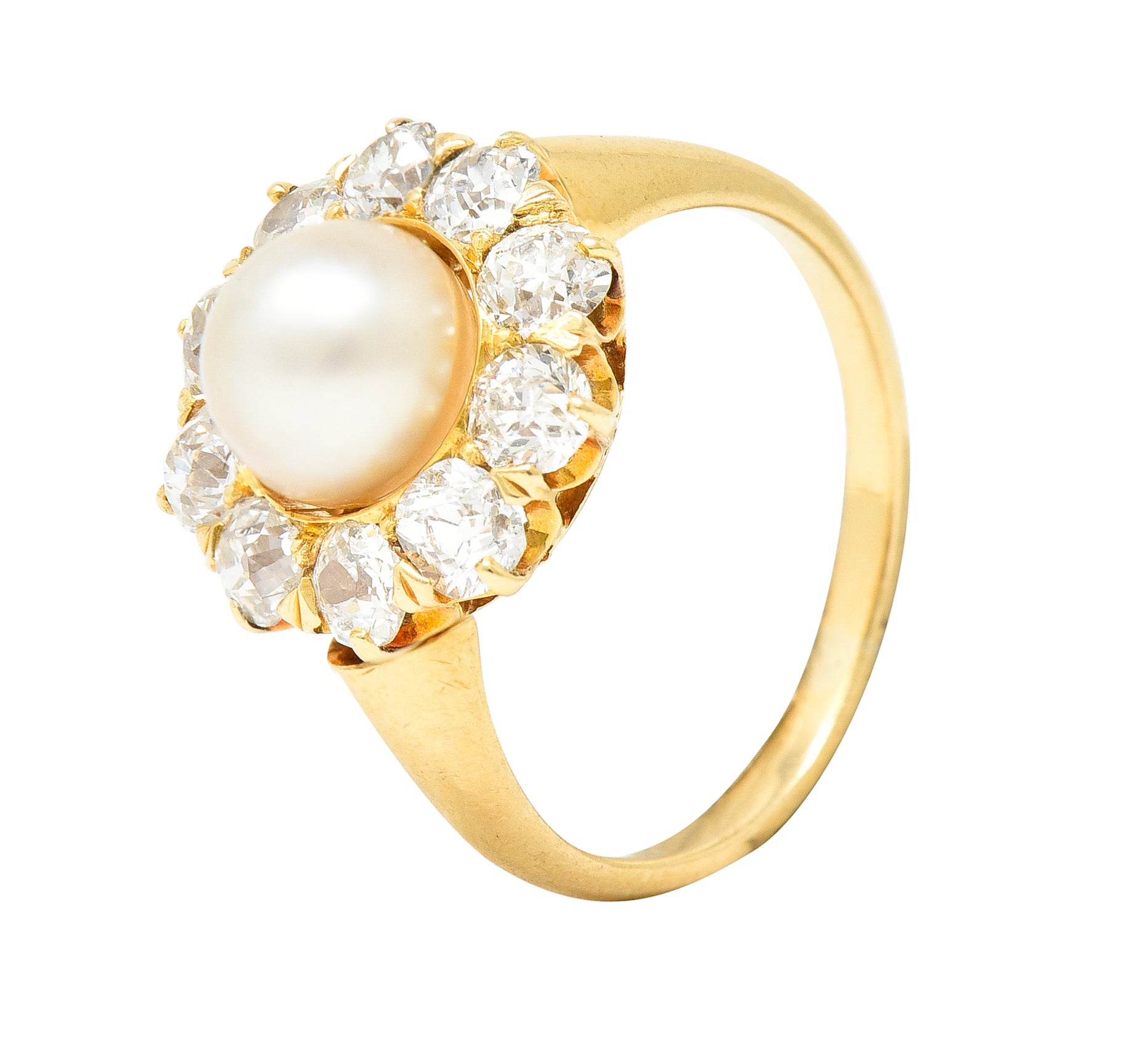 Victorian 0.80 CTW Old Mine Cut Diamond Natural Pearl 18 Karat Yellow Gold Antique Cluster Ring Wilson's Estate Jewelry