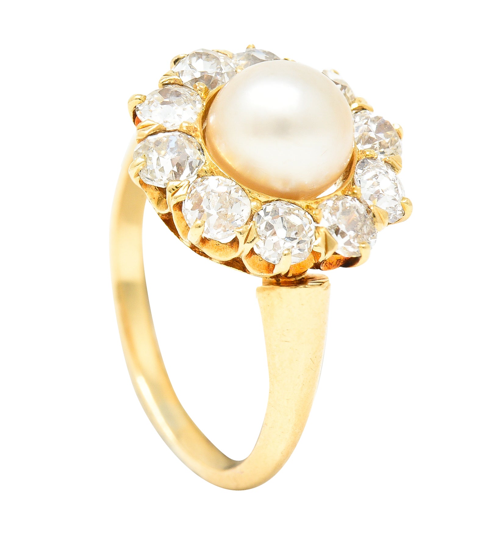 Victorian 0.80 CTW Old Mine Cut Diamond Natural Pearl 18 Karat Yellow Gold Antique Cluster Ring Wilson's Estate Jewelry