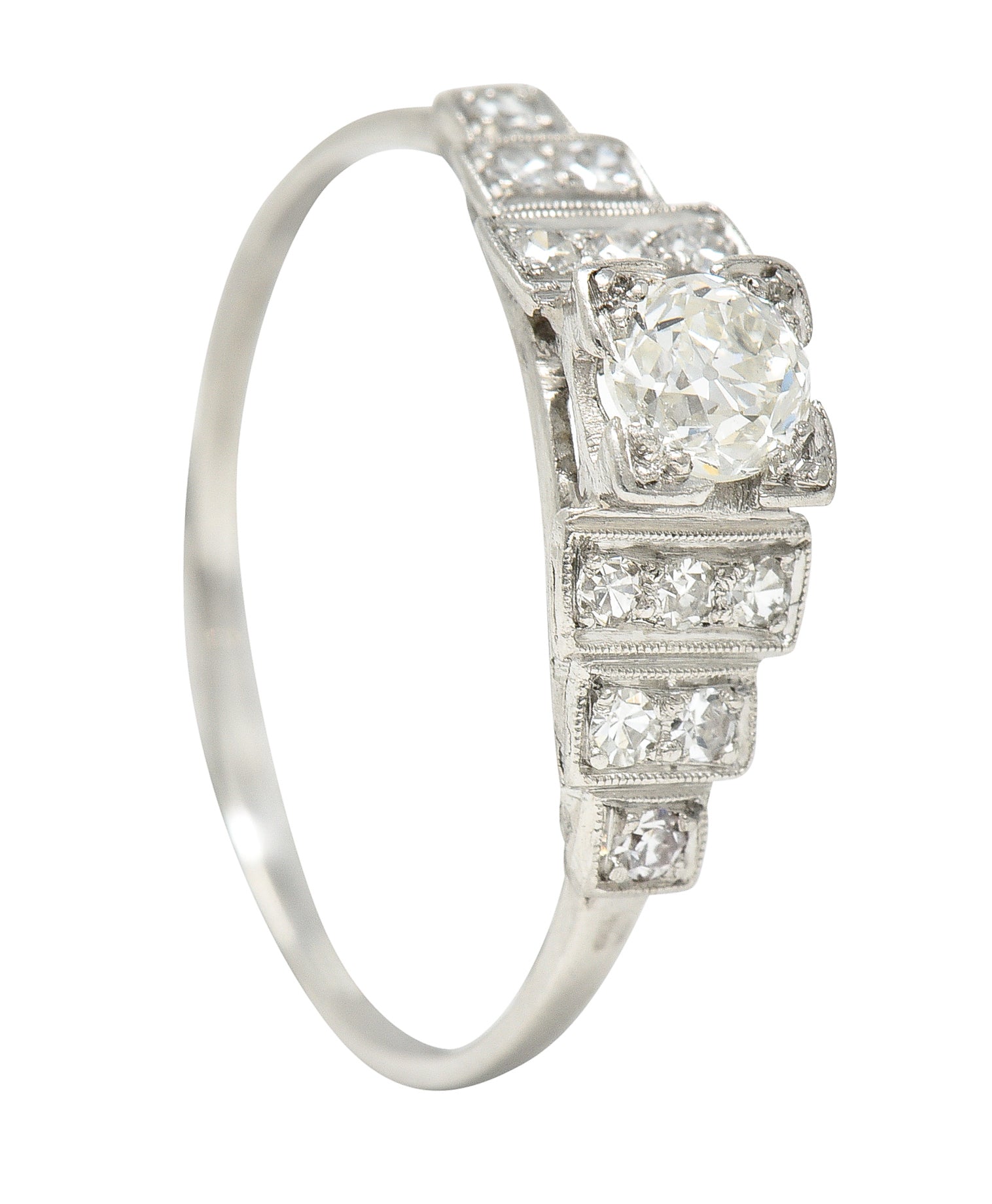 Art Deco 0.58 CTW Old European Diamond Platinum Stepped Engagement Ring Wilson's Estate Jewelry