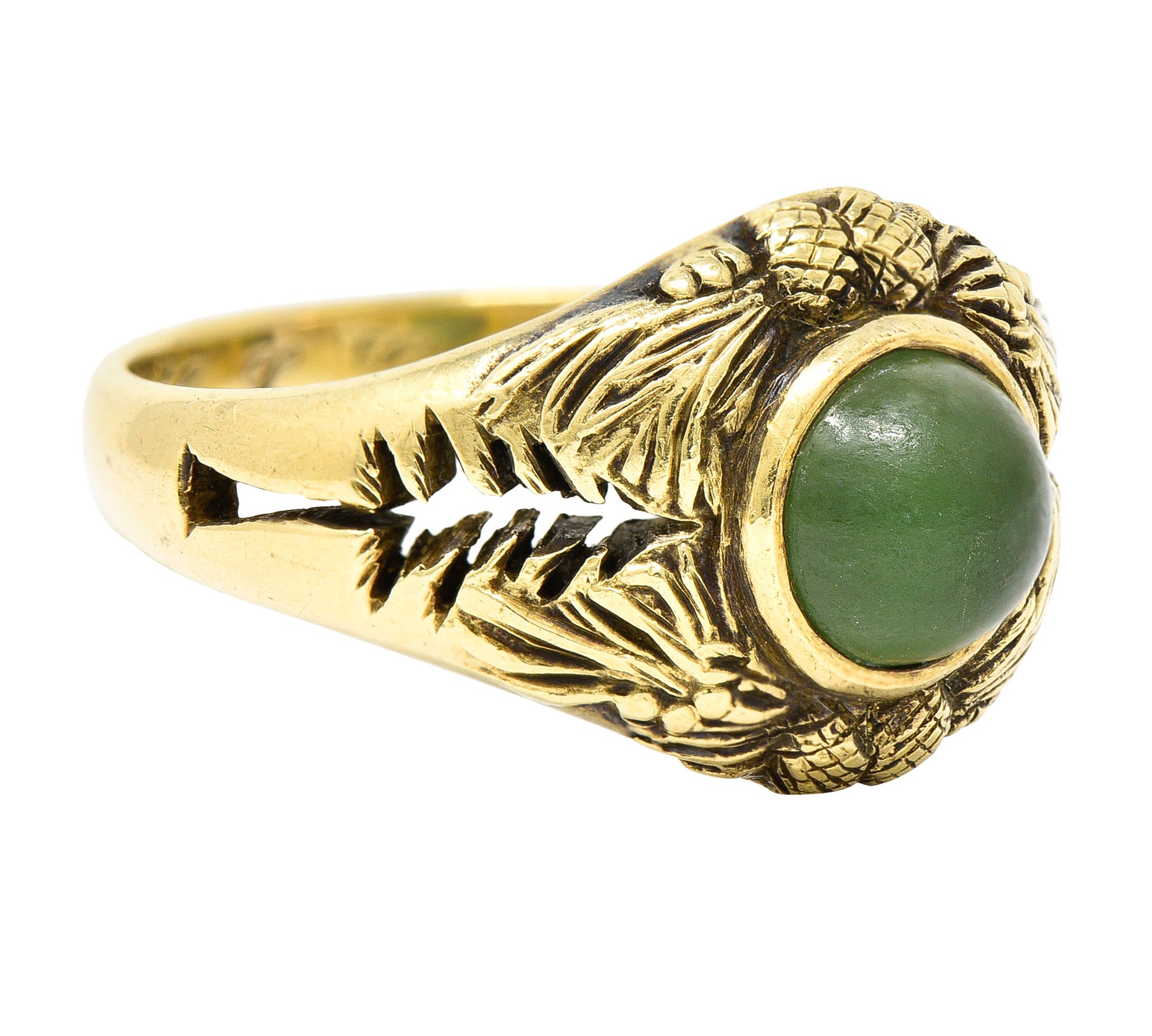 Frank Walter Lawrence Art Nouveau Jade Cabochon 14 Karat Yellow Gold Pine Cone Tree Unisex Antique Ring Wilson's Estate Jewelry