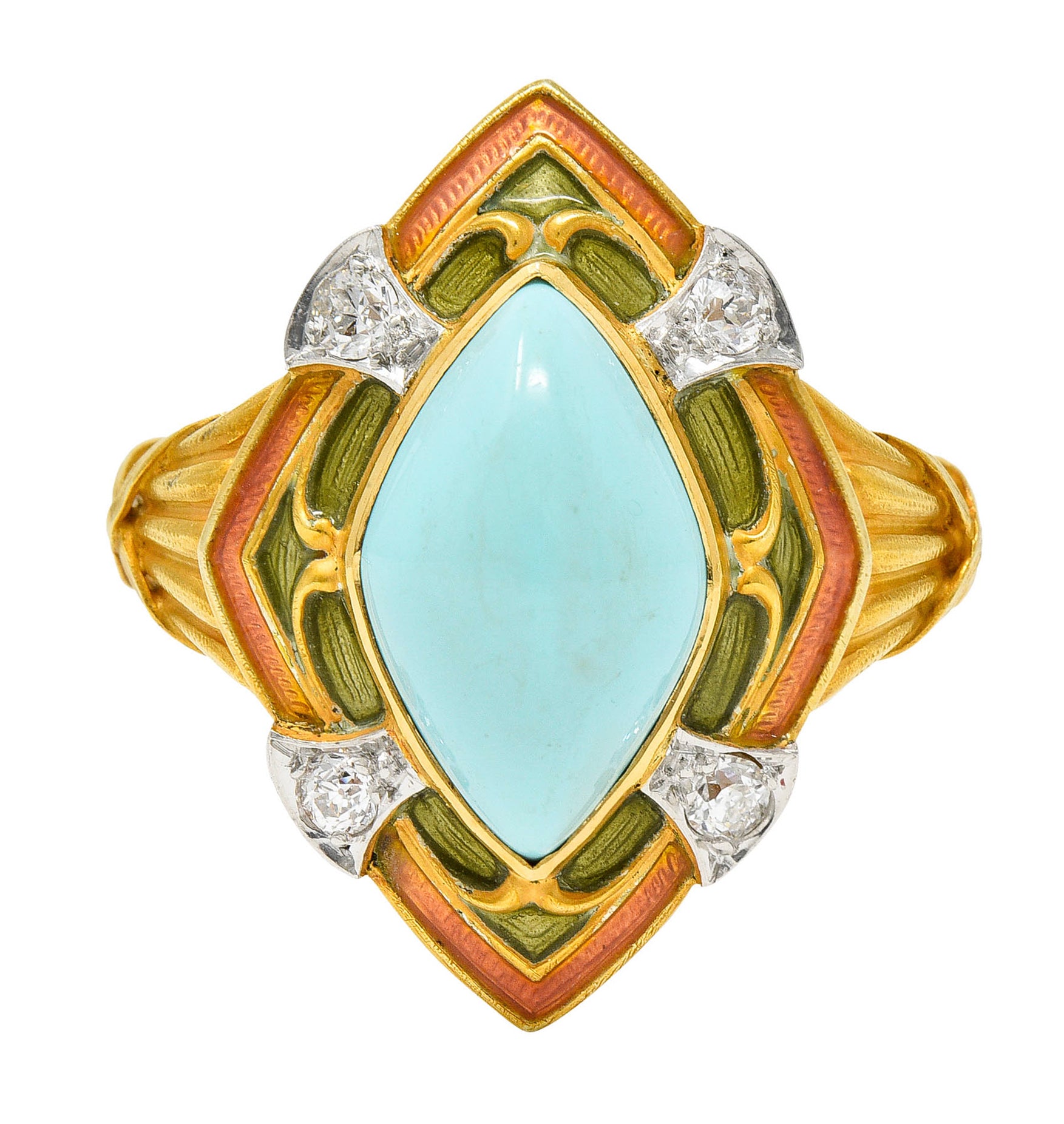 Art Nouveau Turquoise Diamond Enamel Platinum-Topped 14 Karat Gold Navette RingRing - Wilson's Estate Jewelry