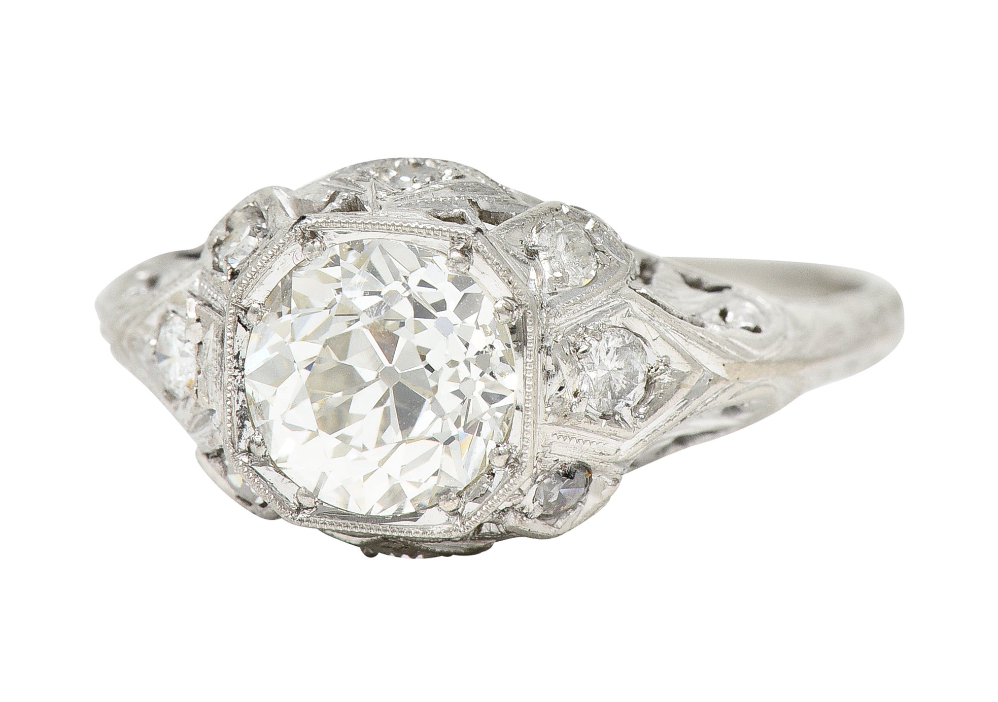 Edwardian Old European 1.64 CTW Diamond Platinum Foliate Antique Engagement Ring GIA Wilson's Estate Jewelry