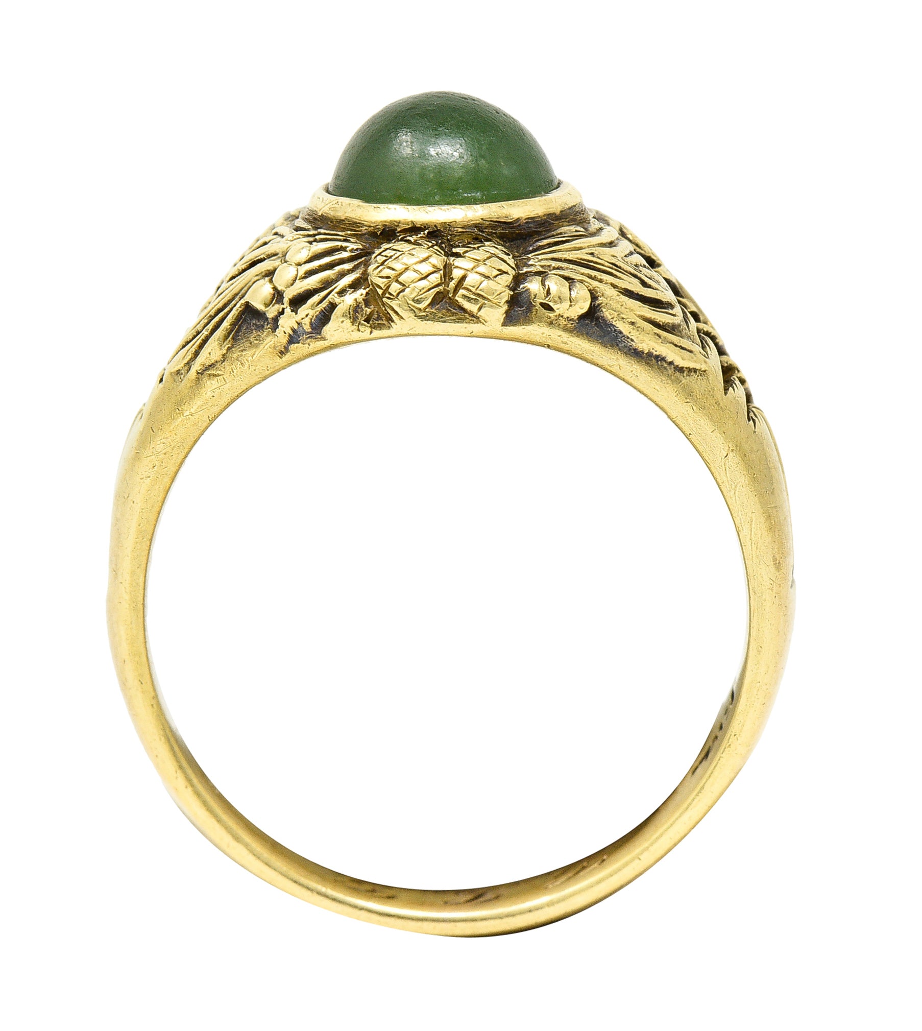 Frank Walter Lawrence Art Nouveau Jade Cabochon 14 Karat Yellow Gold Pine Cone Tree Unisex Antique Ring Wilson's Estate Jewelry