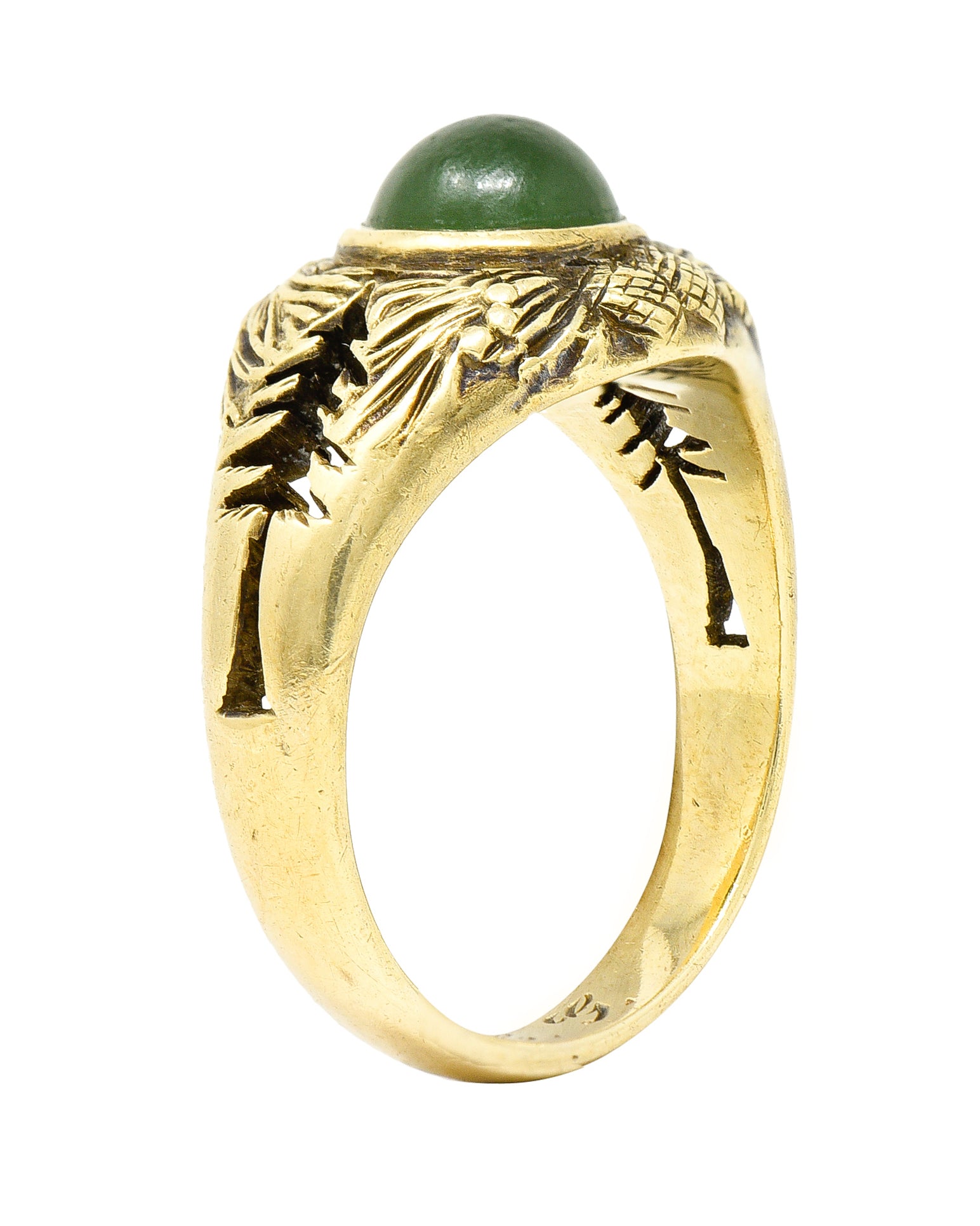 Frank Walter Lawrence Art Nouveau Jade Cabochon 14 Karat Yellow Gold Pine Cone Tree Unisex Antique Ring Wilson's Estate Jewelry