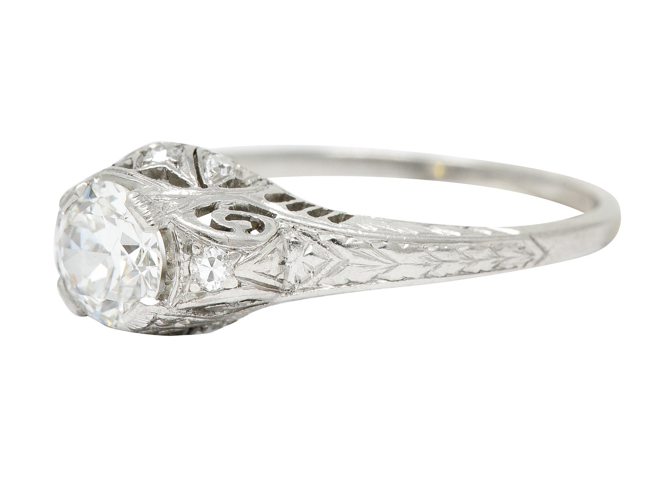 Art Deco 0.83 CTW Diamond Platinum Scrolled Engagement Ring GIARing - Wilson's Estate Jewelry