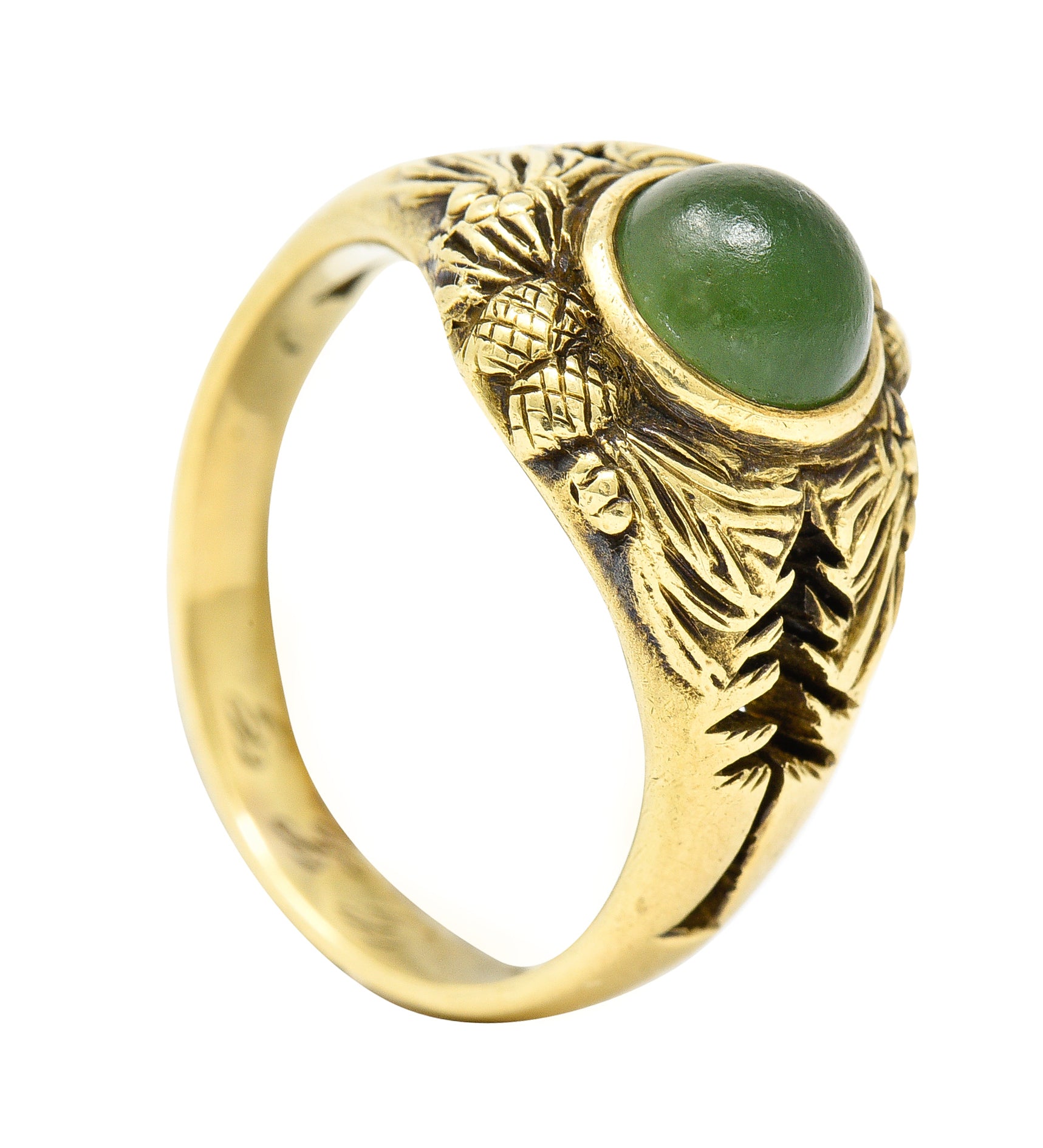 Frank Walter Lawrence Art Nouveau Jade Cabochon 14 Karat Yellow Gold Pine Cone Tree Unisex Antique Ring Wilson's Estate Jewelry