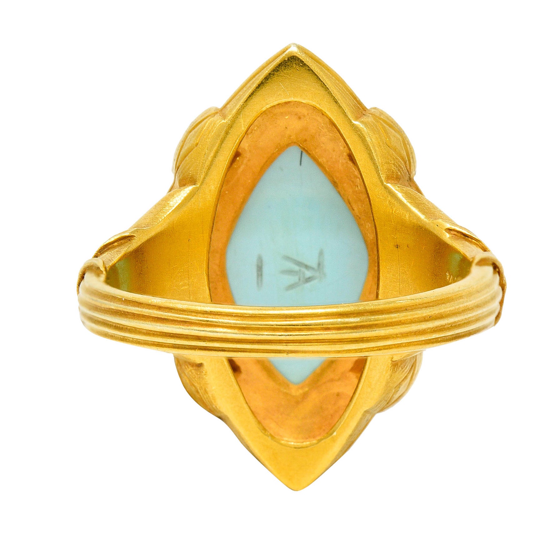 Art Nouveau Turquoise Diamond Enamel Platinum-Topped 14 Karat Gold Navette RingRing - Wilson's Estate Jewelry