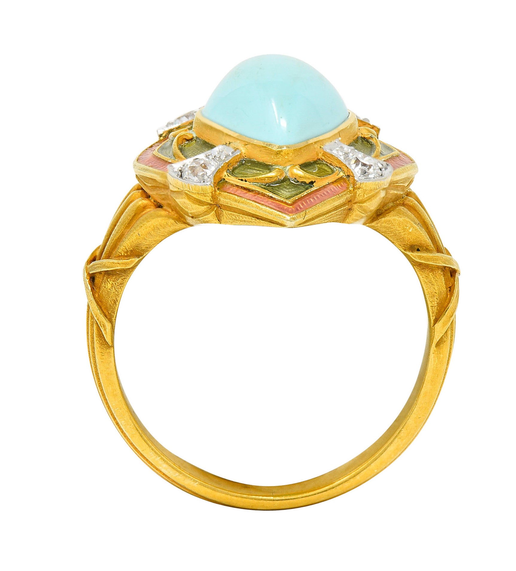 Art Nouveau Turquoise Diamond Enamel Platinum-Topped 14 Karat Gold Navette RingRing - Wilson's Estate Jewelry