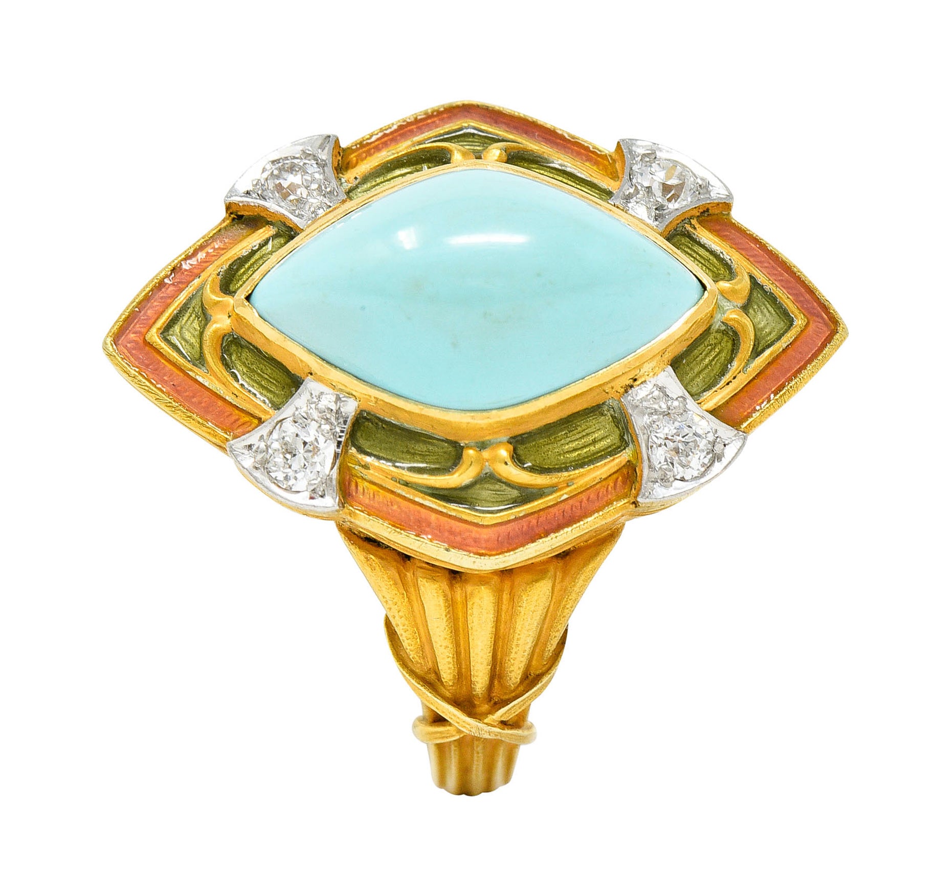 Art Nouveau Turquoise Diamond Enamel Platinum-Topped 14 Karat Gold Navette RingRing - Wilson's Estate Jewelry