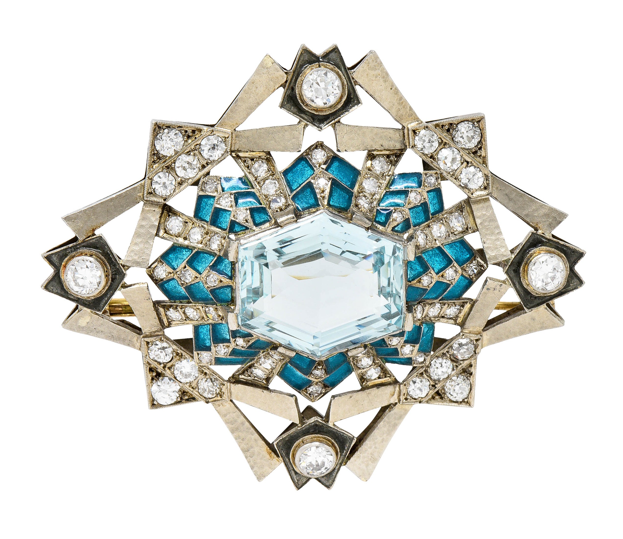 Art Deco 16.90 CTW Aquamarine Diamond Plique-A-Jour 14 Karat White Gold BroochBrooch - Wilson's Estate Jewelry