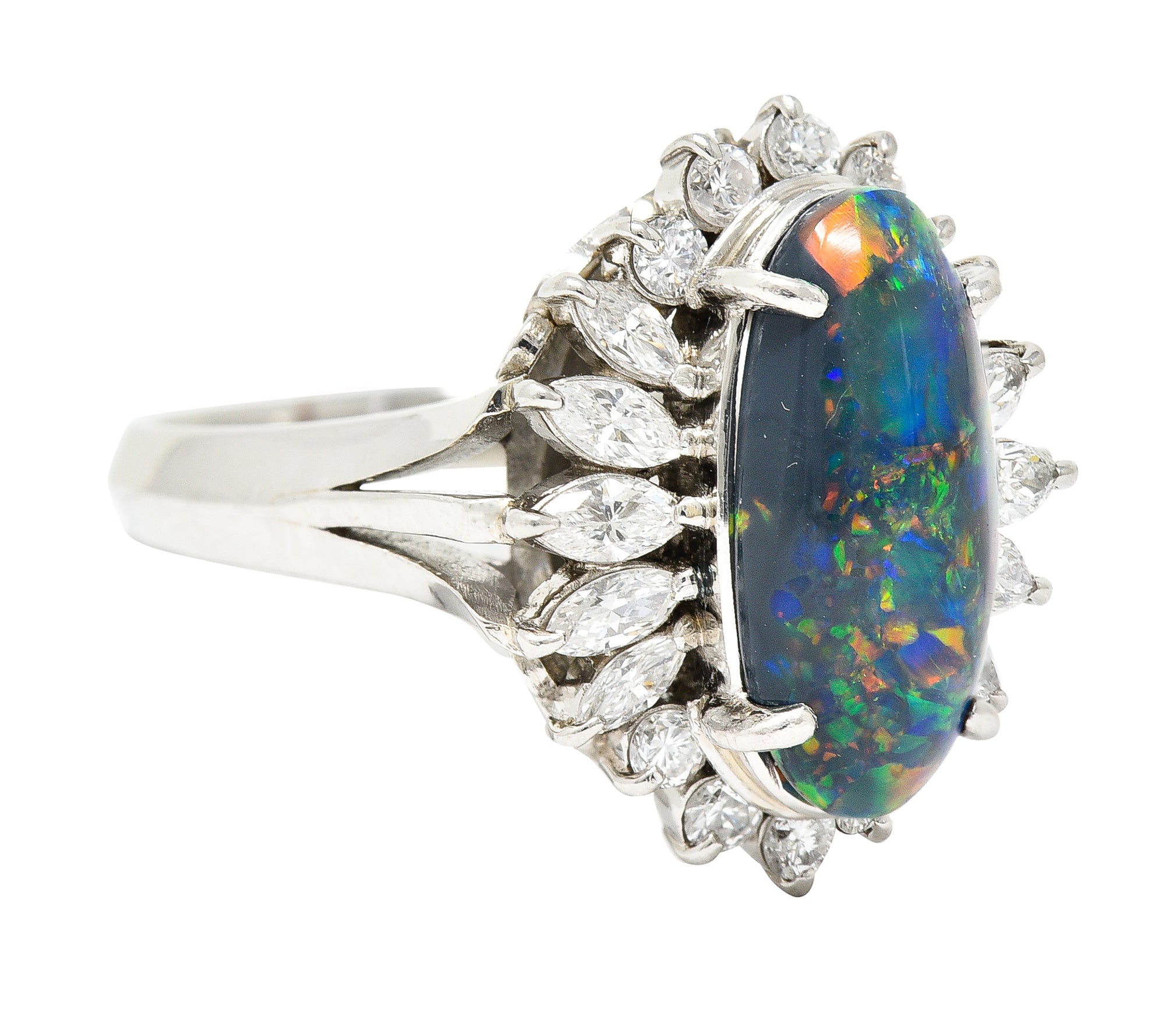 Vintage Black Opal Cabochon Marquise Cut Diamond Platinum Cluster Ring Wilson's Estate Jewelry