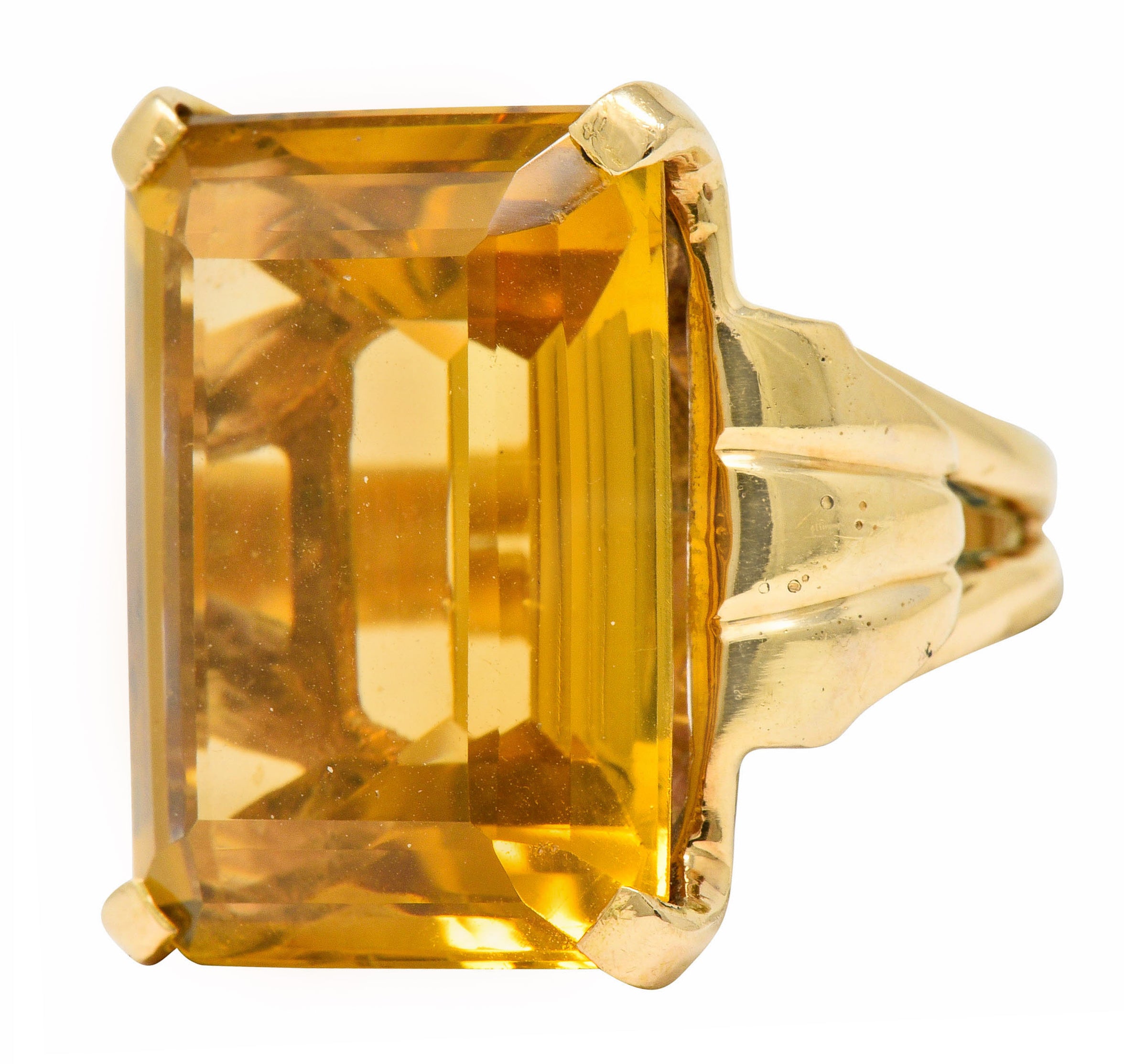 Retro Emerald Cut Citrine 14 Karat Gold Statement Ring Circa 1940 - Wilson's Estate Jewelry