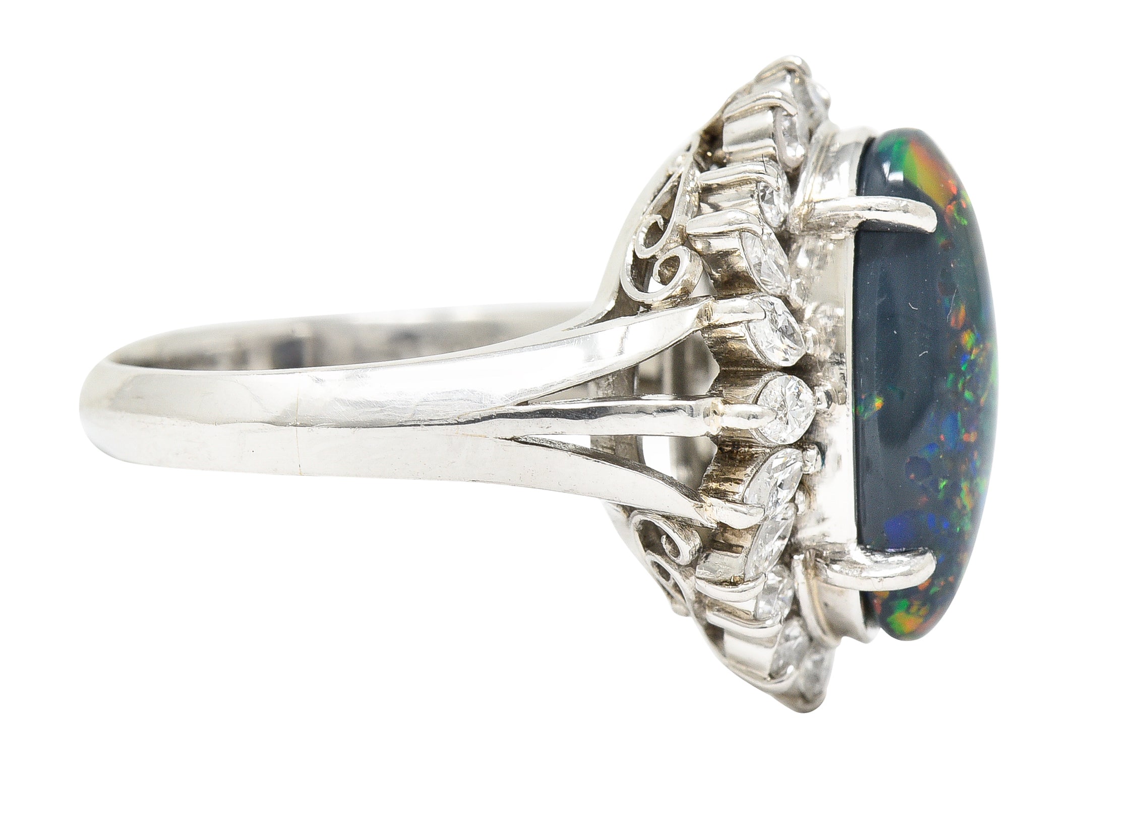 Vintage Black Opal Cabochon Marquise Cut Diamond Platinum Cluster Ring Wilson's Estate Jewelry