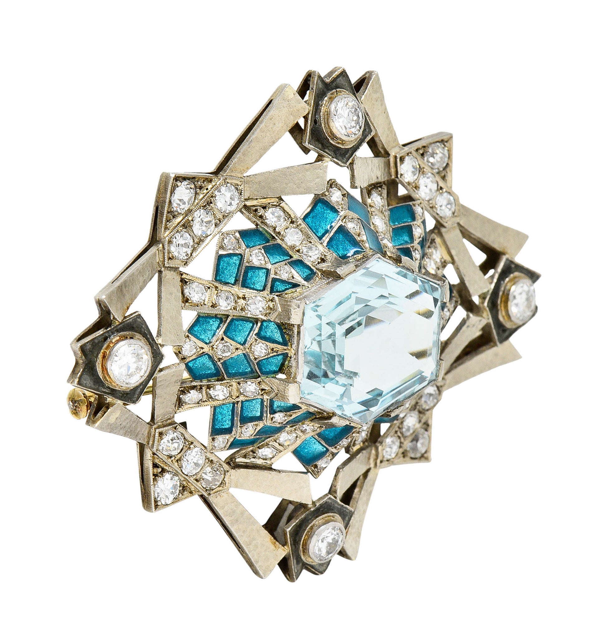 Art Deco 16.90 CTW Aquamarine Diamond Plique-A-Jour 14 Karat White Gold BroochBrooch - Wilson's Estate Jewelry