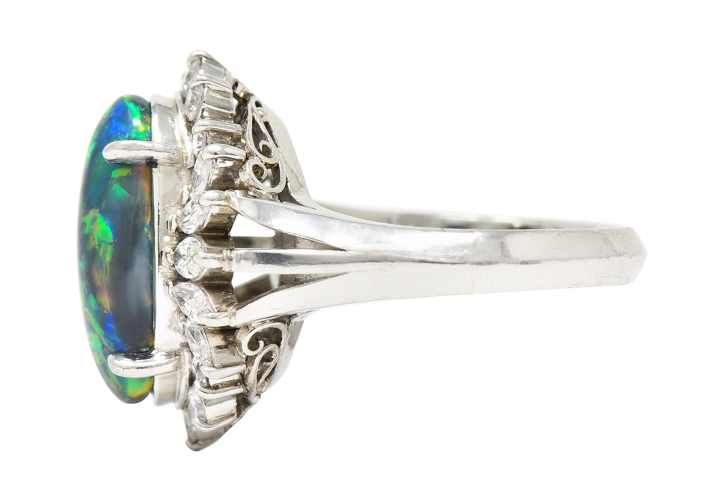 Vintage Black Opal Cabochon Marquise Cut Diamond Platinum Cluster Ring Wilson's Estate Jewelry