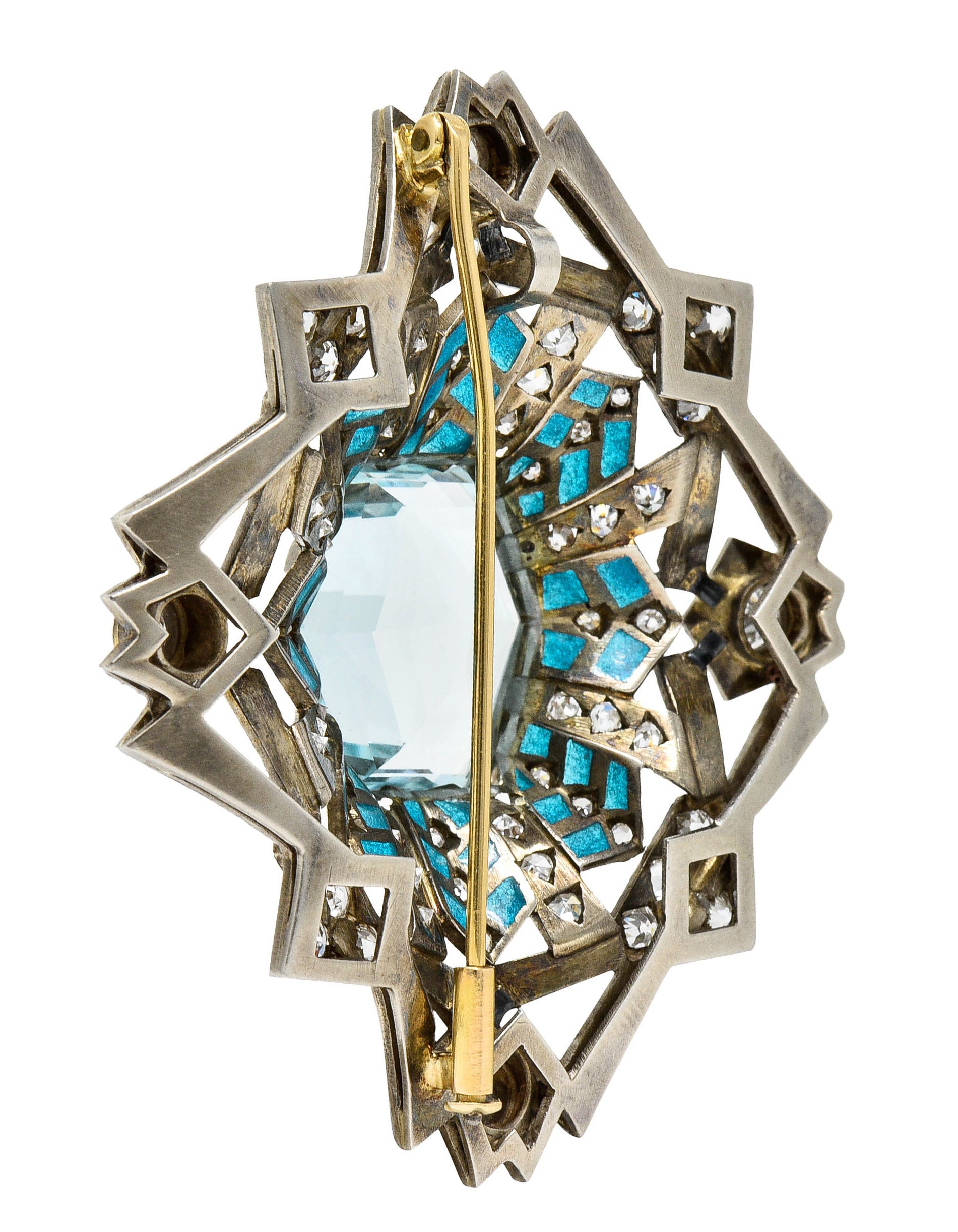 Art Deco 16.90 CTW Aquamarine Diamond Plique-A-Jour 14 Karat White Gold BroochBrooch - Wilson's Estate Jewelry