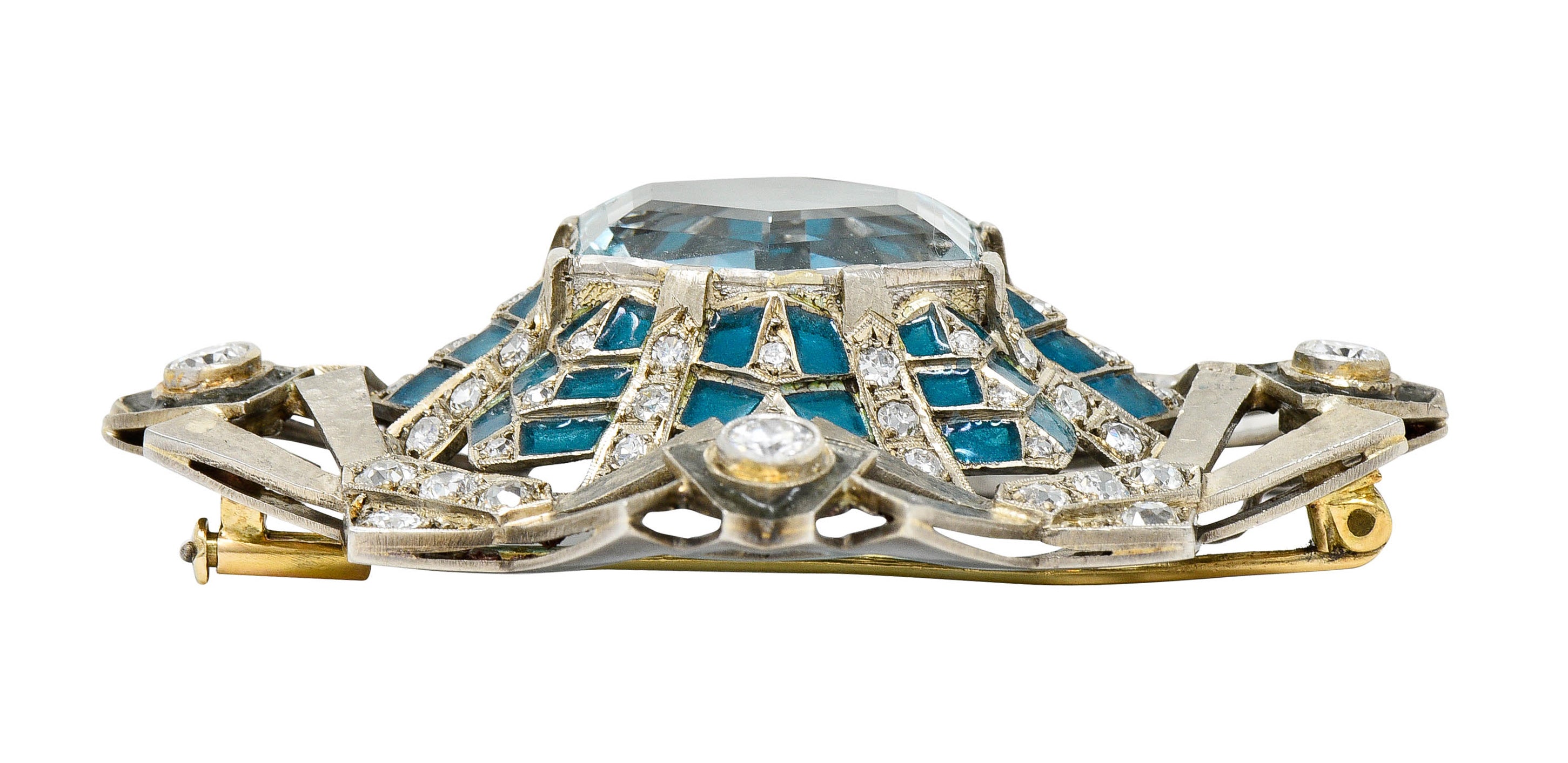 Art Deco 16.90 CTW Aquamarine Diamond Plique-A-Jour 14 Karat White Gold BroochBrooch - Wilson's Estate Jewelry