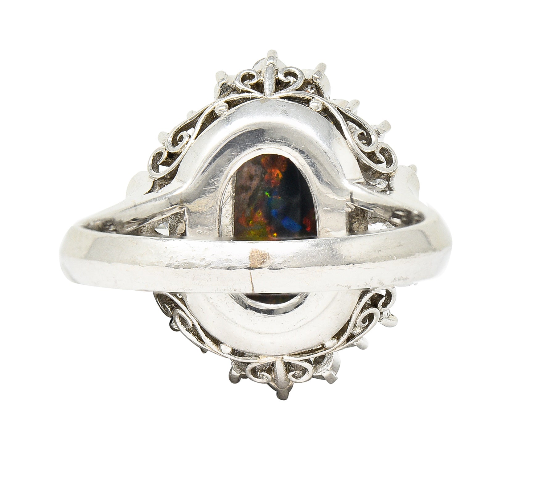 Vintage Black Opal Cabochon Marquise Cut Diamond Platinum Cluster Ring Wilson's Estate Jewelry