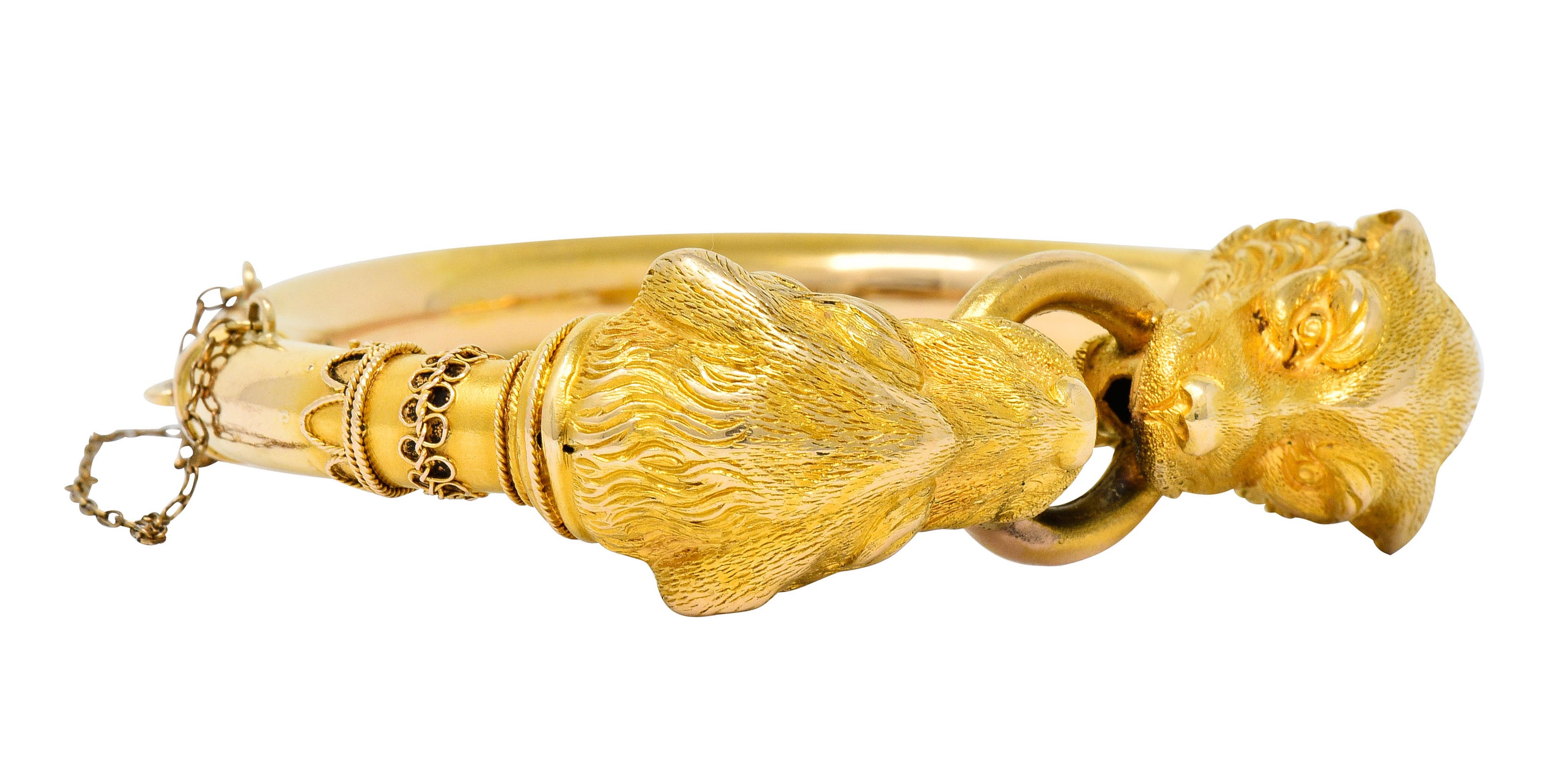 Victorian Etruscan Revival 18 Karat Gold Double Lion Head Cuff Bracelet - Wilson's Estate Jewelry