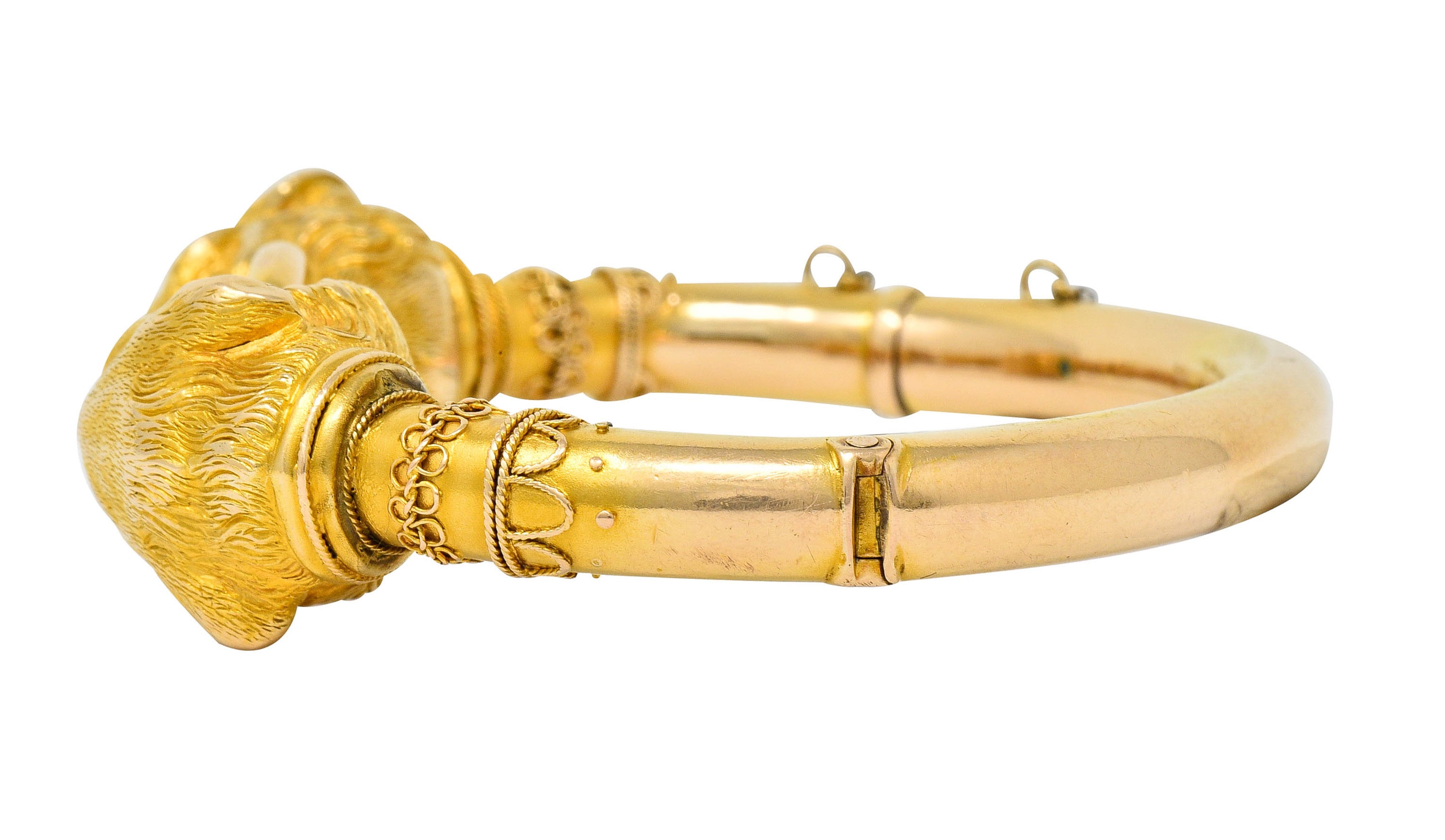 Victorian Etruscan Revival 18 Karat Gold Double Lion Head Cuff Bracelet - Wilson's Estate Jewelry