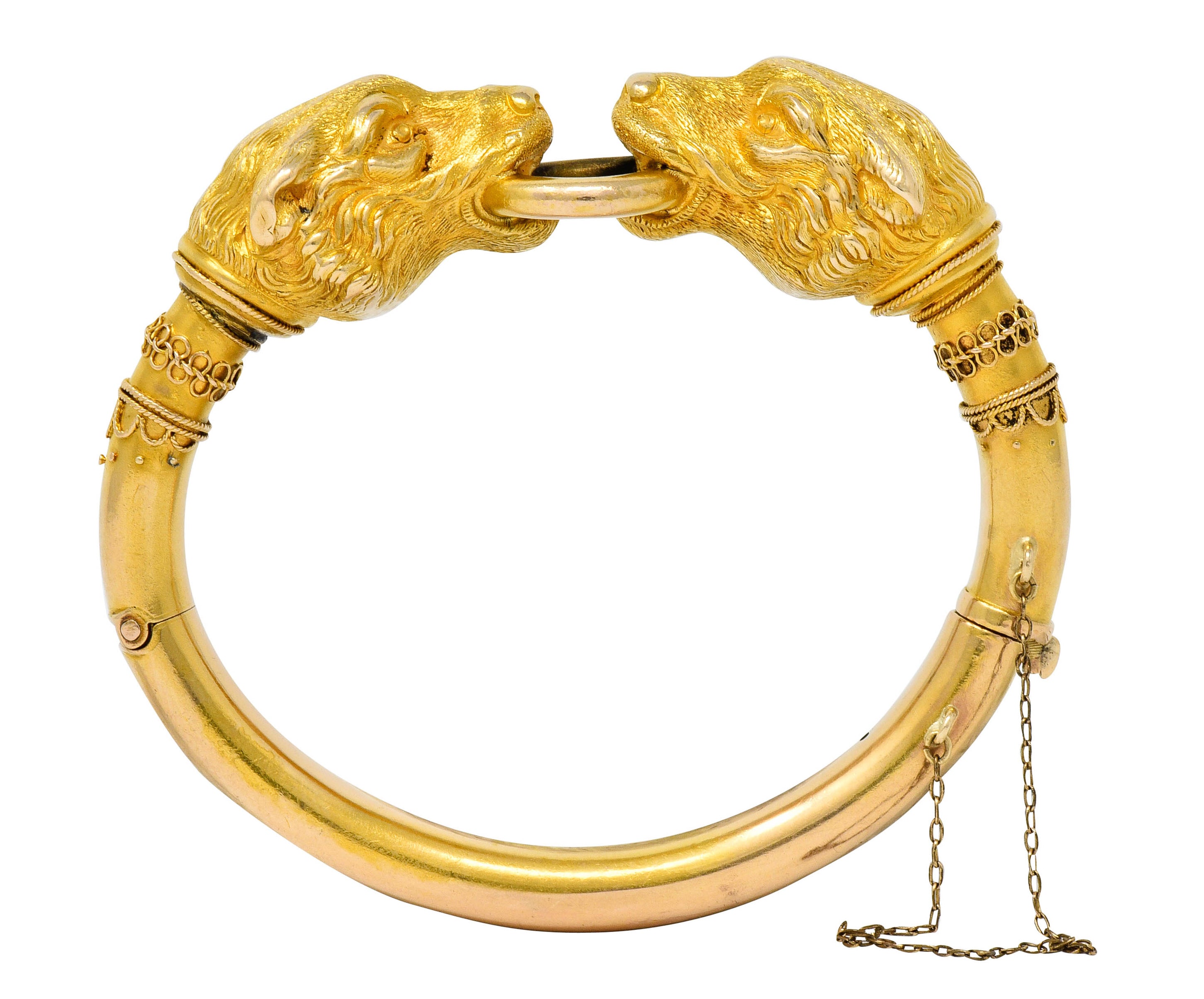 Victorian Etruscan Revival 18 Karat Gold Double Lion Head Cuff Bracelet - Wilson's Estate Jewelry