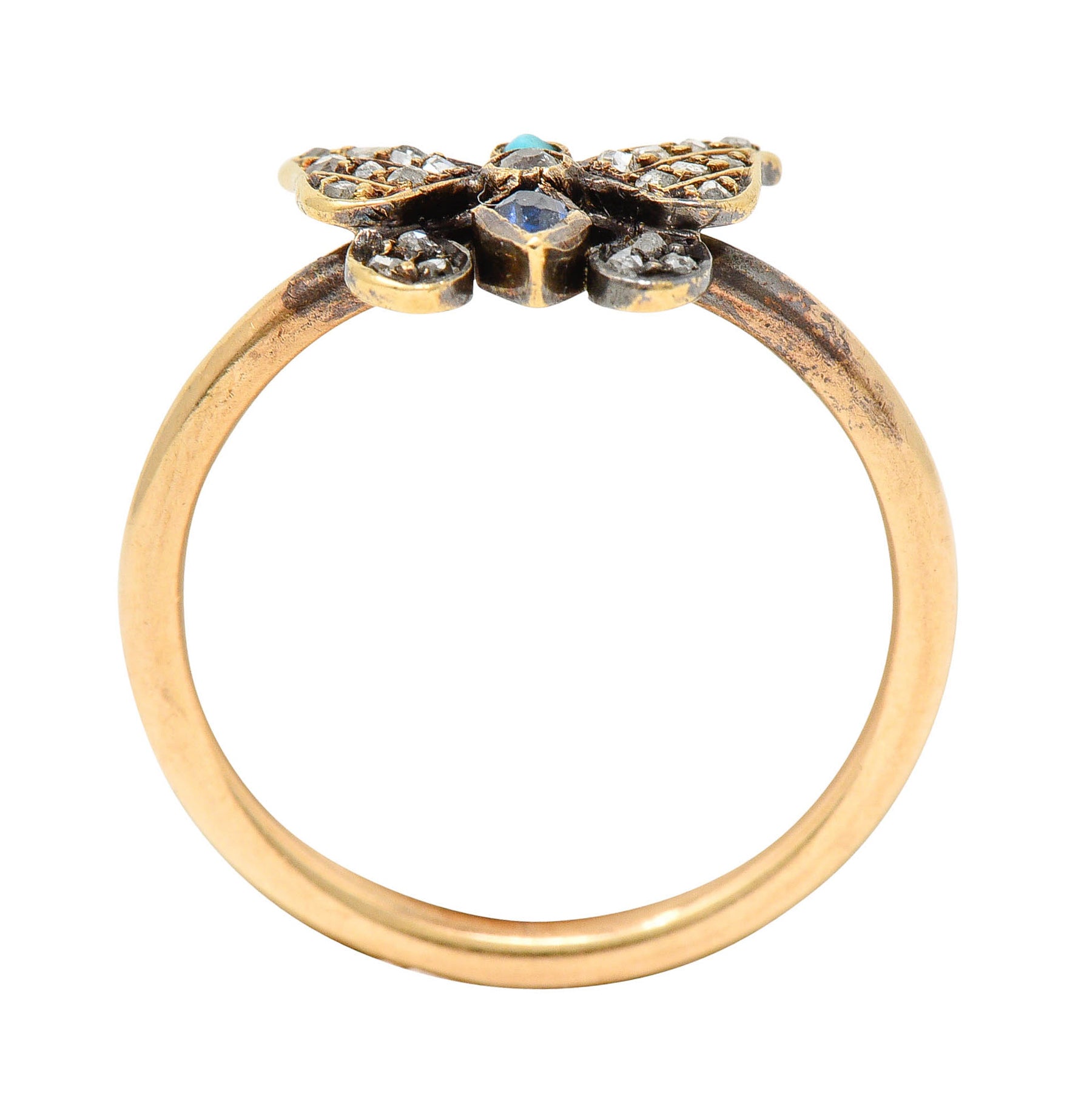 Victorian Diamond Sapphire Turquoise 14 & 18 Karat Rose Gold Butterfly RingRing - Wilson's Estate Jewelry