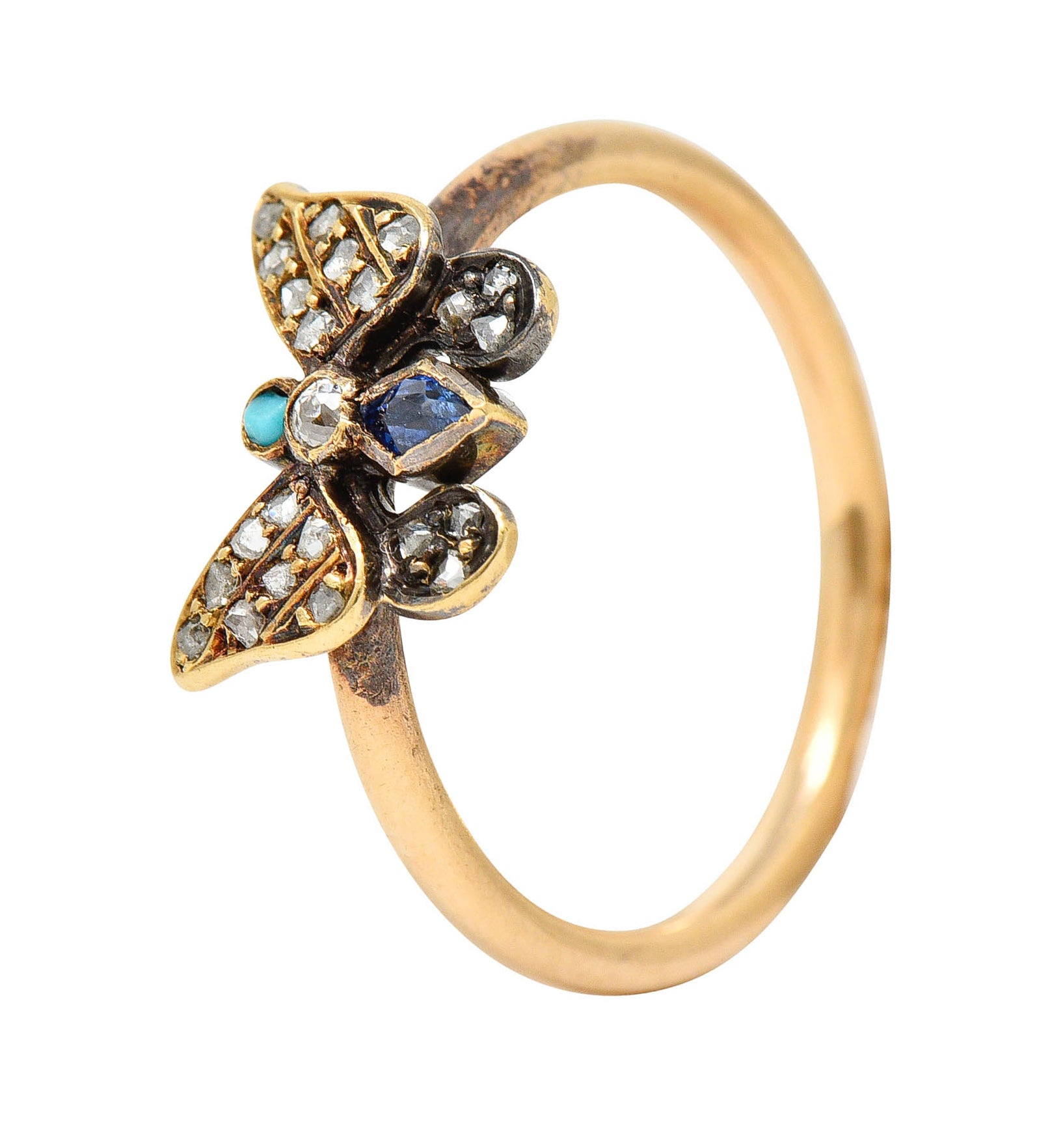 Victorian Diamond Sapphire Turquoise 14 & 18 Karat Rose Gold Butterfly RingRing - Wilson's Estate Jewelry