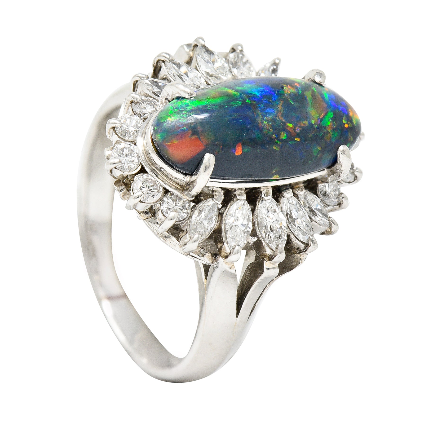 Vintage Black Opal Cabochon Marquise Cut Diamond Platinum Cluster Ring Wilson's Estate Jewelry