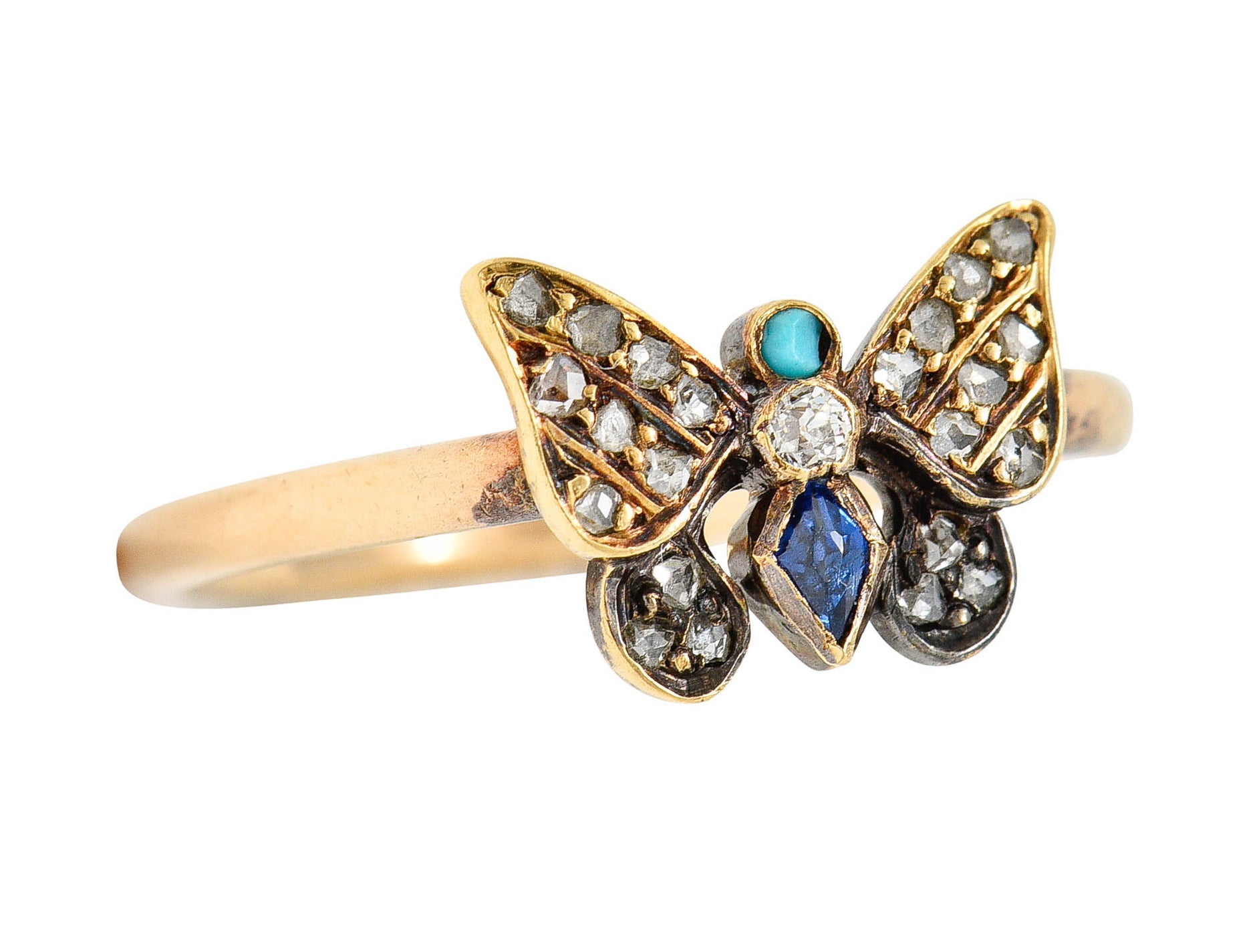 Victorian Diamond Sapphire Turquoise 14 & 18 Karat Rose Gold Butterfly RingRing - Wilson's Estate Jewelry