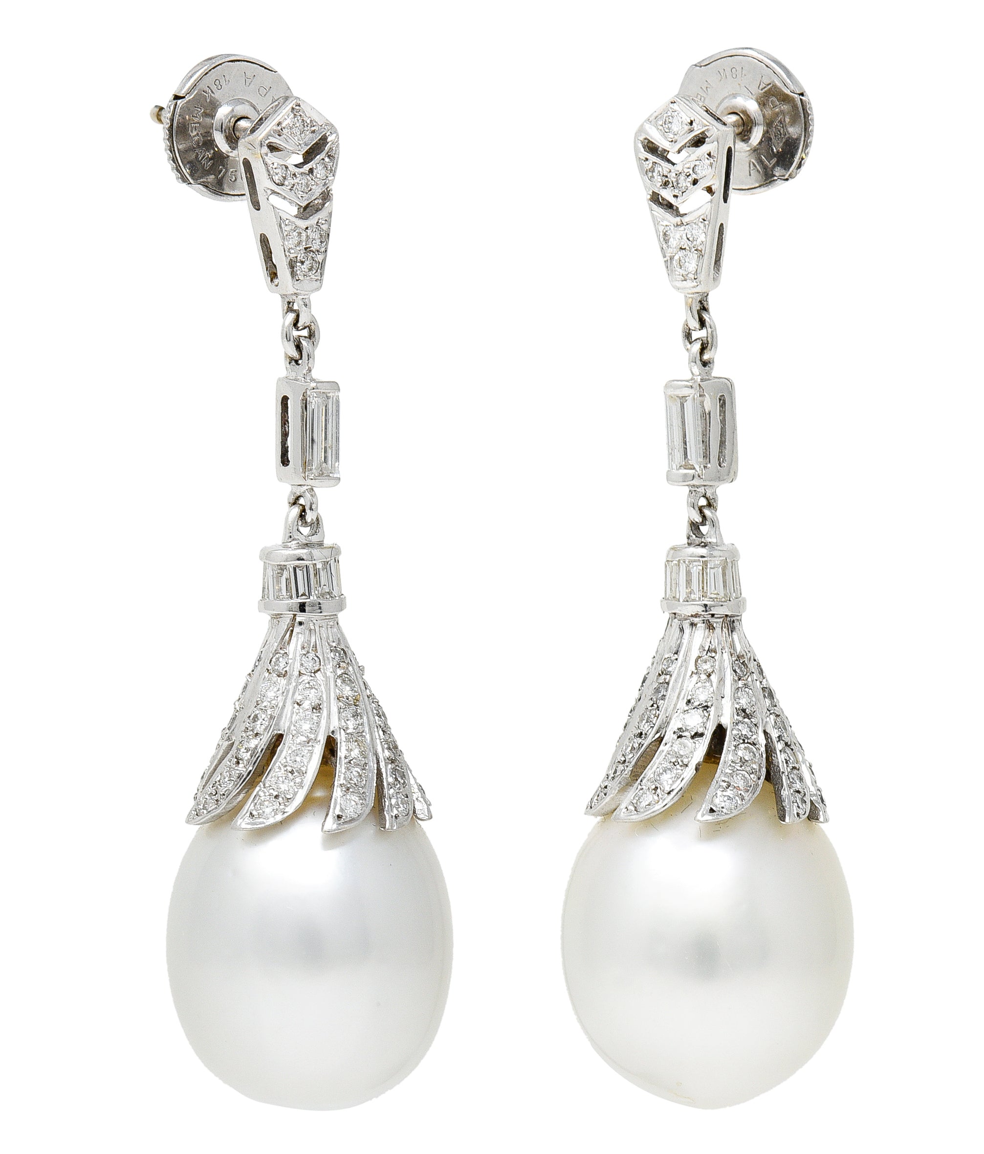 1950's Mid-Century South Sea Pearl 1.75 CTW Diamond 18 Karat White Gold Vintage Drop Earrings Wilson's Estate Jewelry