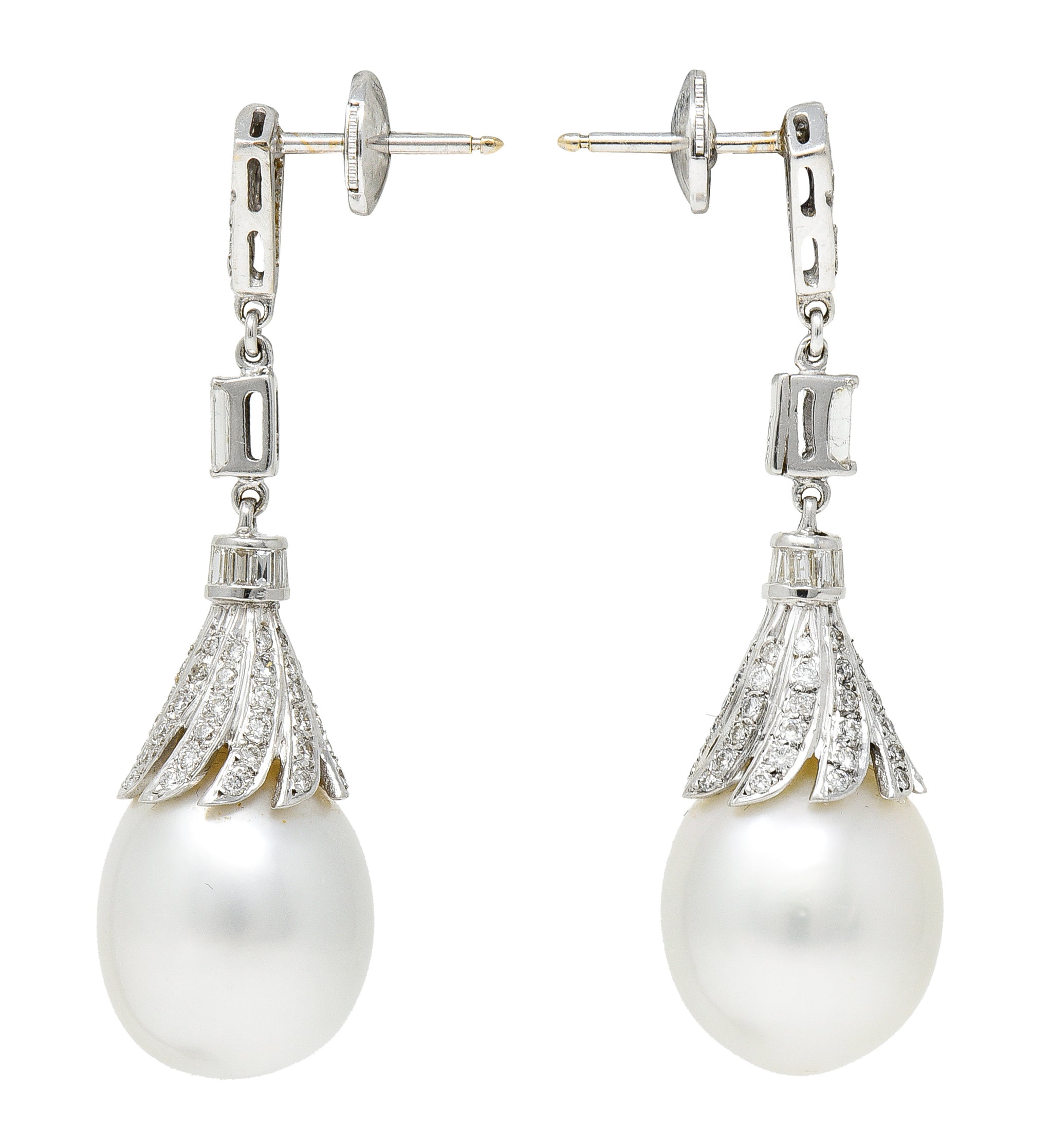 1950's Mid-Century South Sea Pearl 1.75 CTW Diamond 18 Karat White Gold Vintage Drop Earrings Wilson's Estate Jewelry