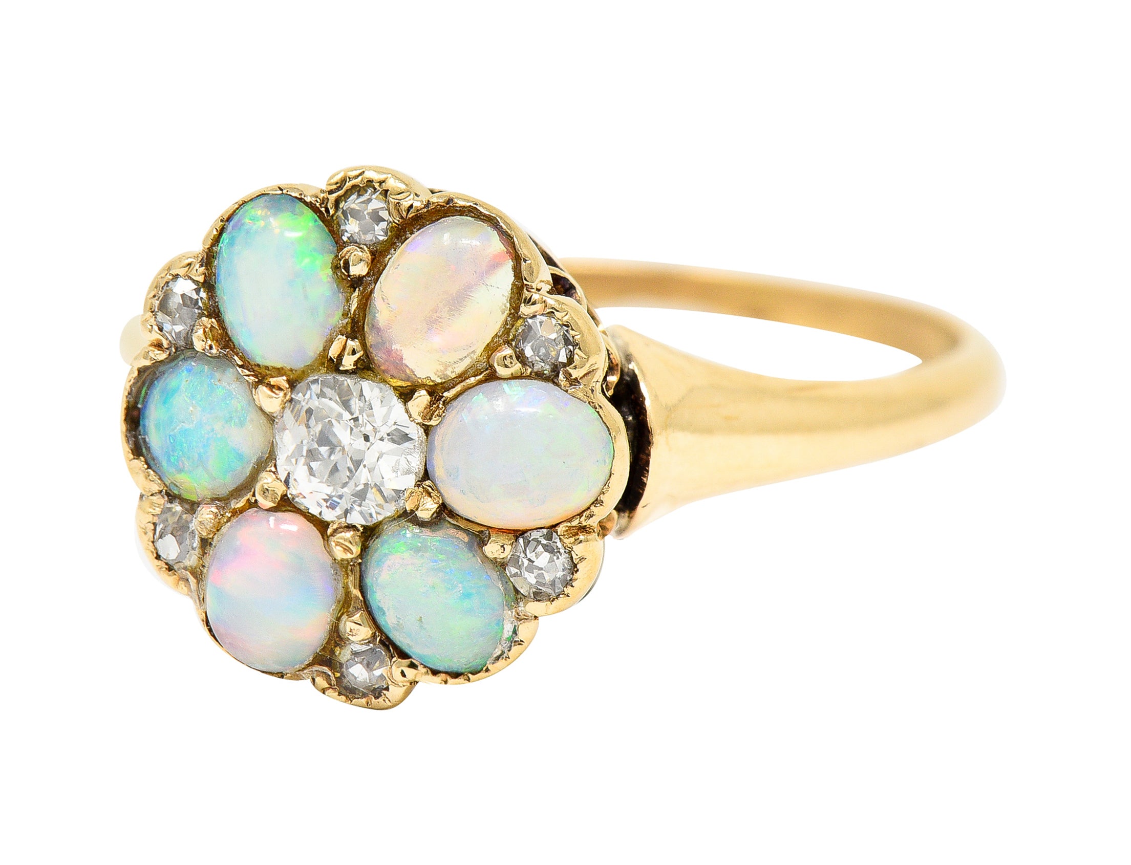 Victorian Old European Cut Diamond Opal Cabochon 14 Karat Yellow Gold Floral Antique Cluster Ring Wilson's Estate Jewelry