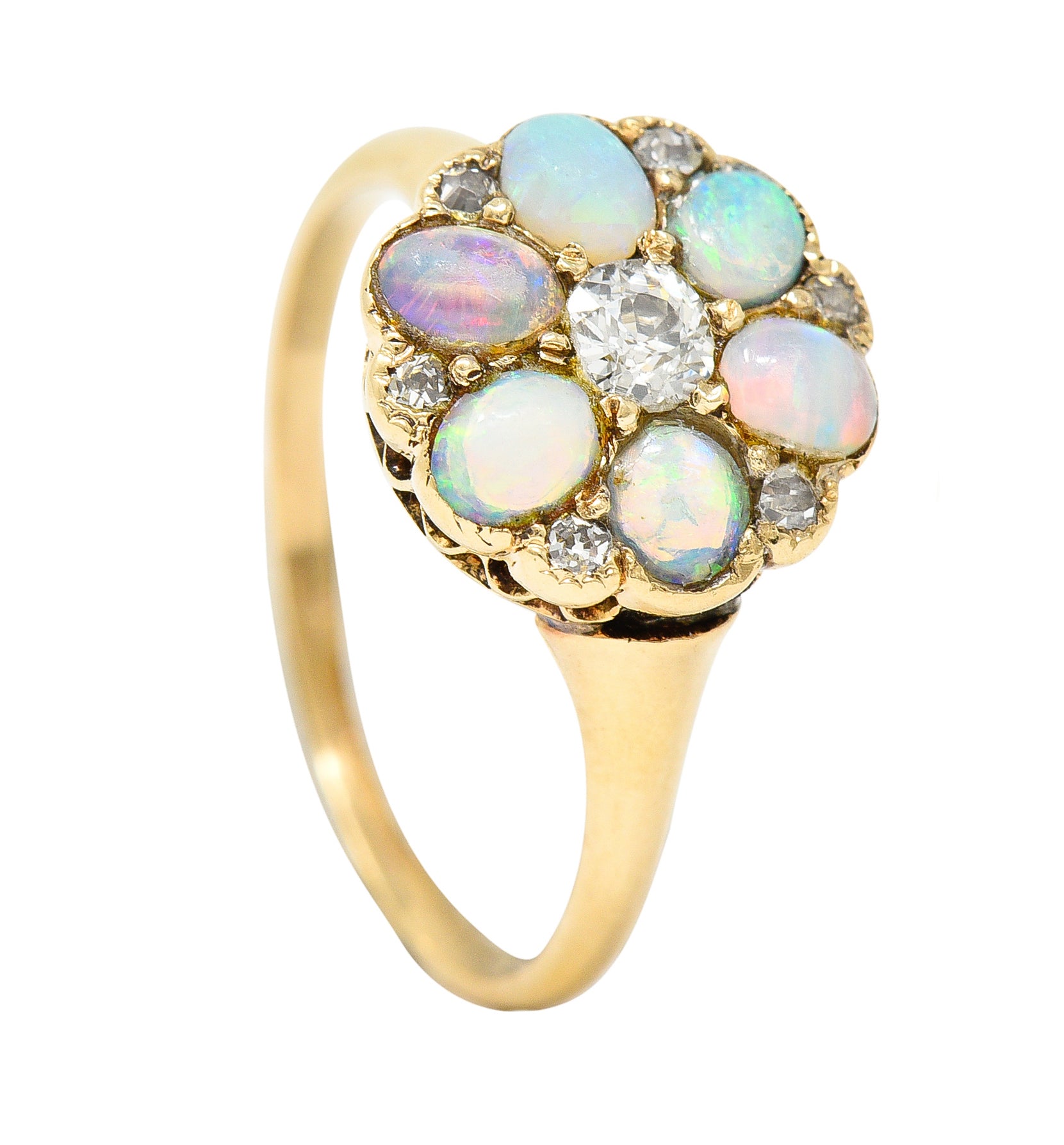 Victorian Old European Cut Diamond Opal Cabochon 14 Karat Yellow Gold Floral Antique Cluster Ring Wilson's Estate Jewelry