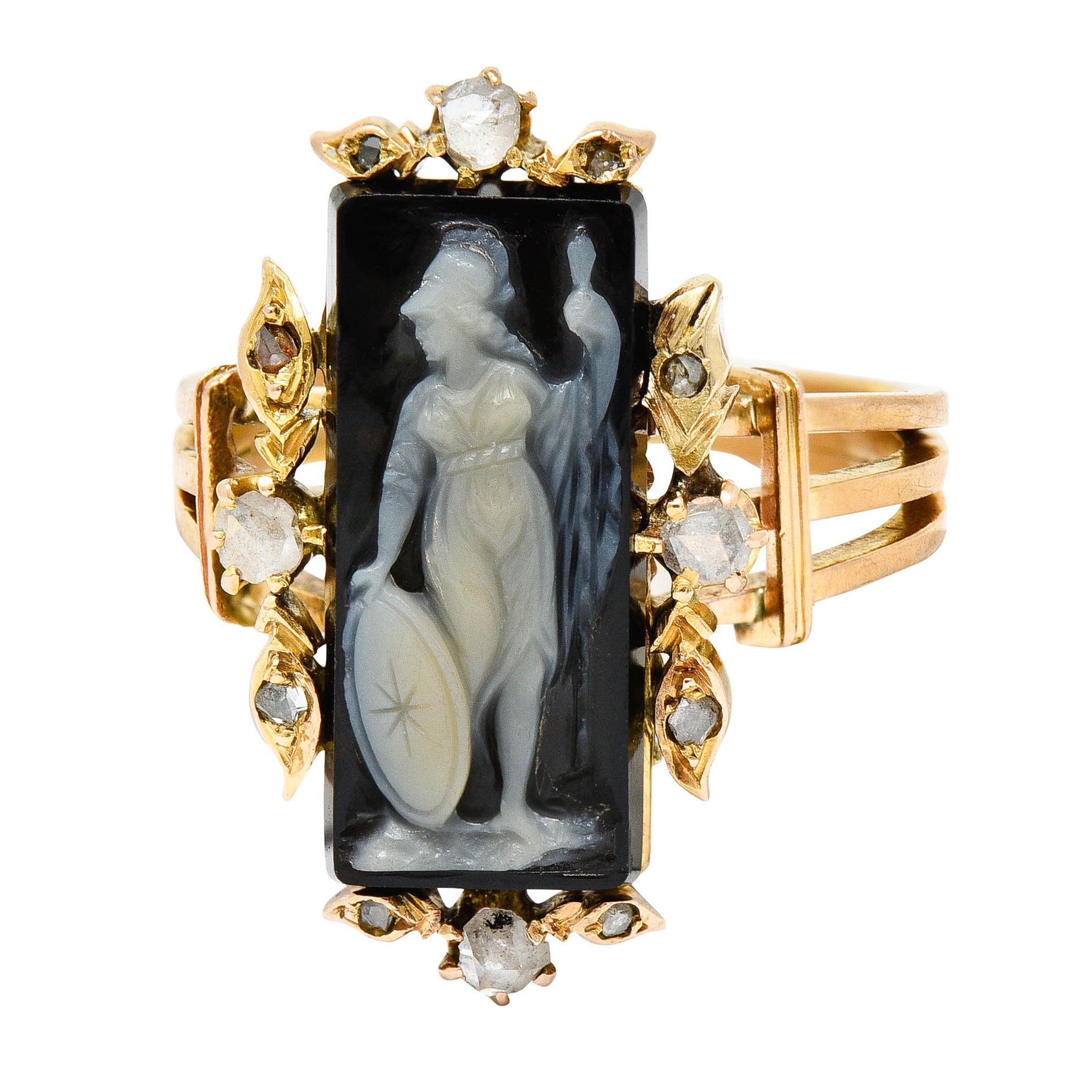 Victorian Diamond Carved Onyx Agate 18 Karat Gold Athena RingRing - Wilson's Estate Jewelry