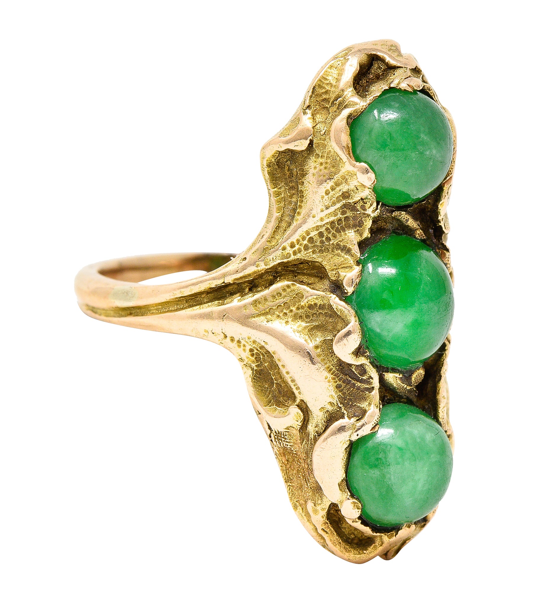 Walton & Co. Arts & Crafts Jade Cabochon 14 Karat Yellow Gold Antique Ginkgo Ring Wilson's Estate Jewelry