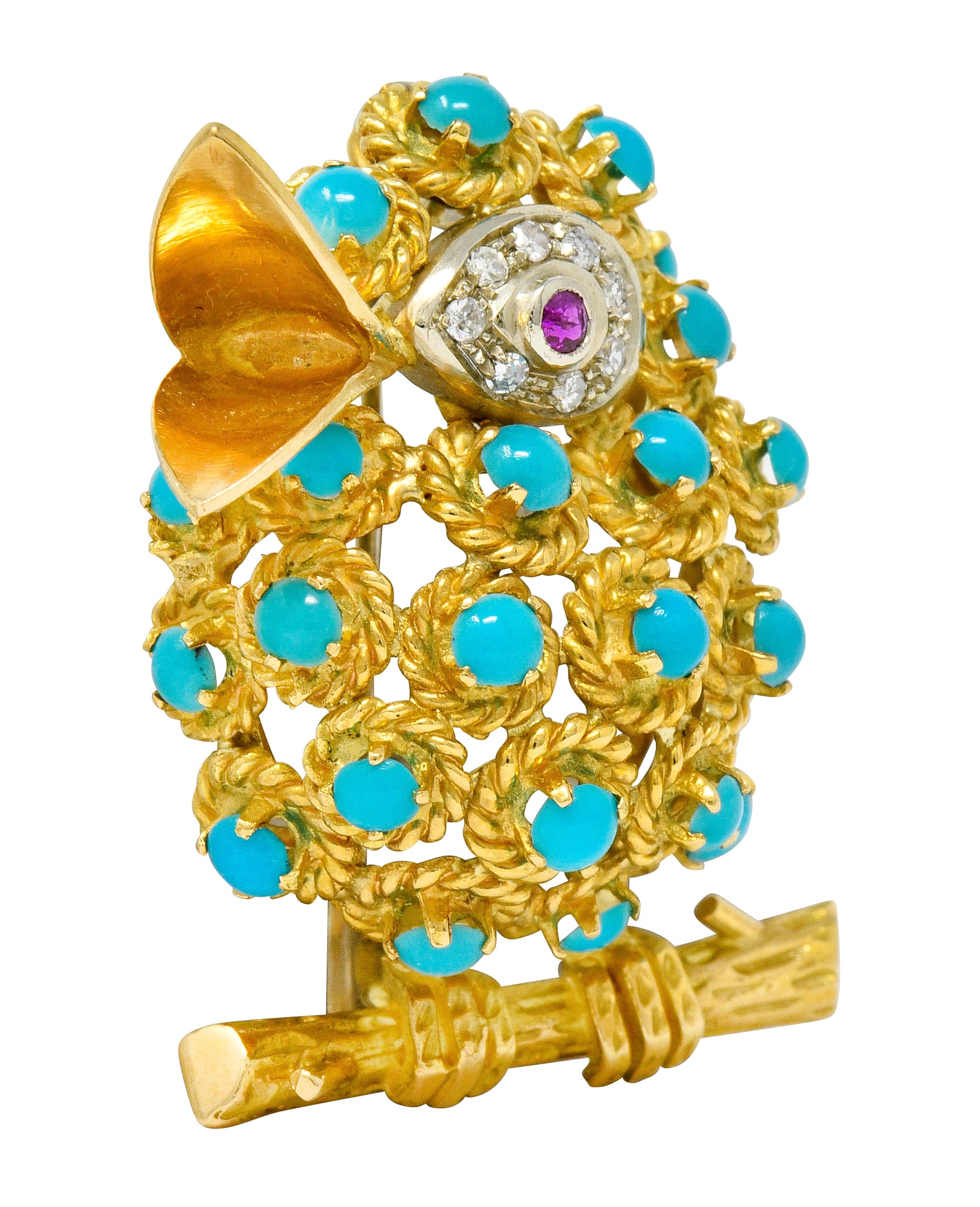 1960's Vintage Turquoise Diamond Ruby 18 Karat Gold Singing Bird Brooch - Wilson's Estate Jewelry