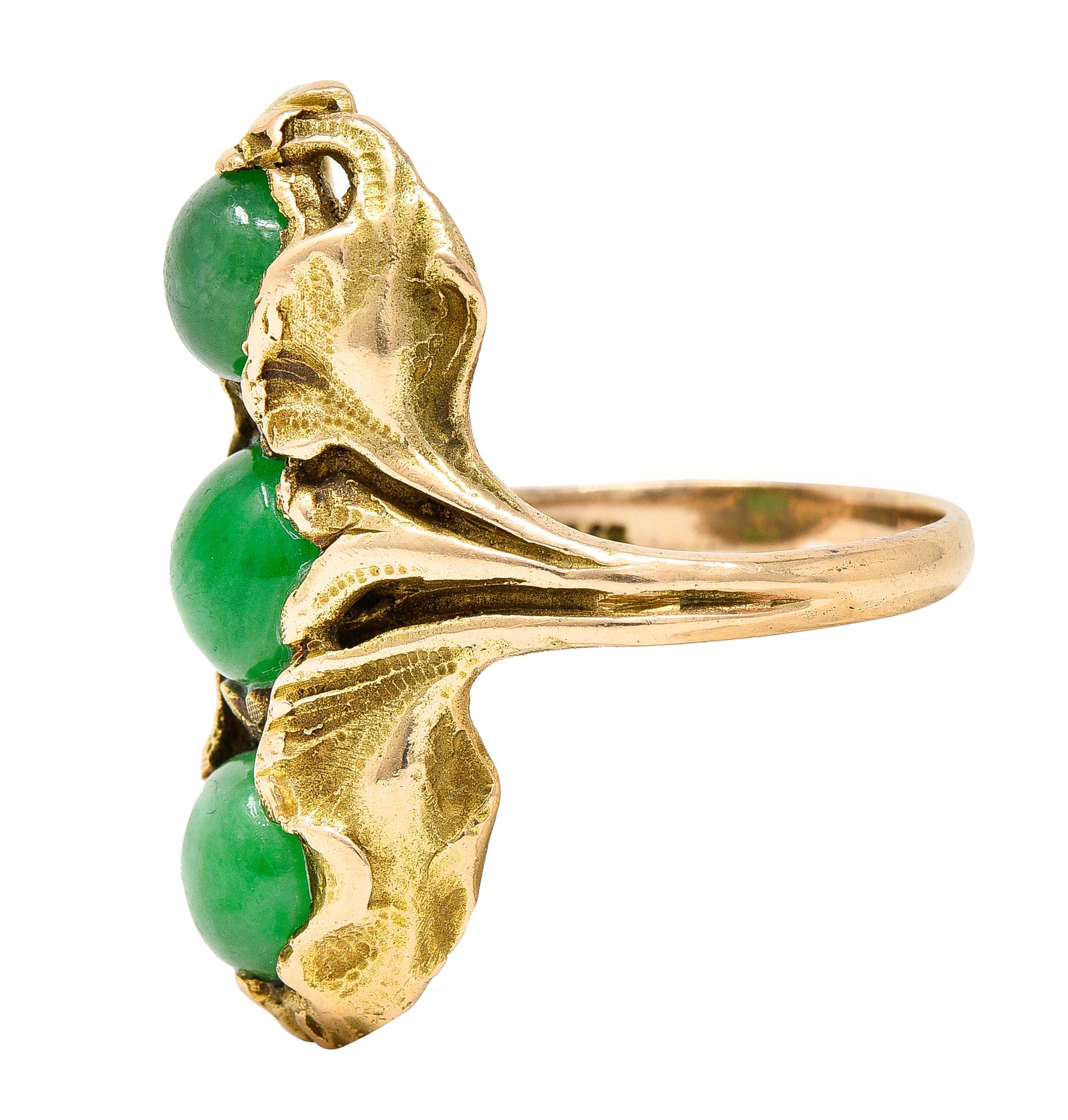 Walton & Co. Arts & Crafts Jade Cabochon 14 Karat Yellow Gold Antique Ginkgo Ring Wilson's Estate Jewelry