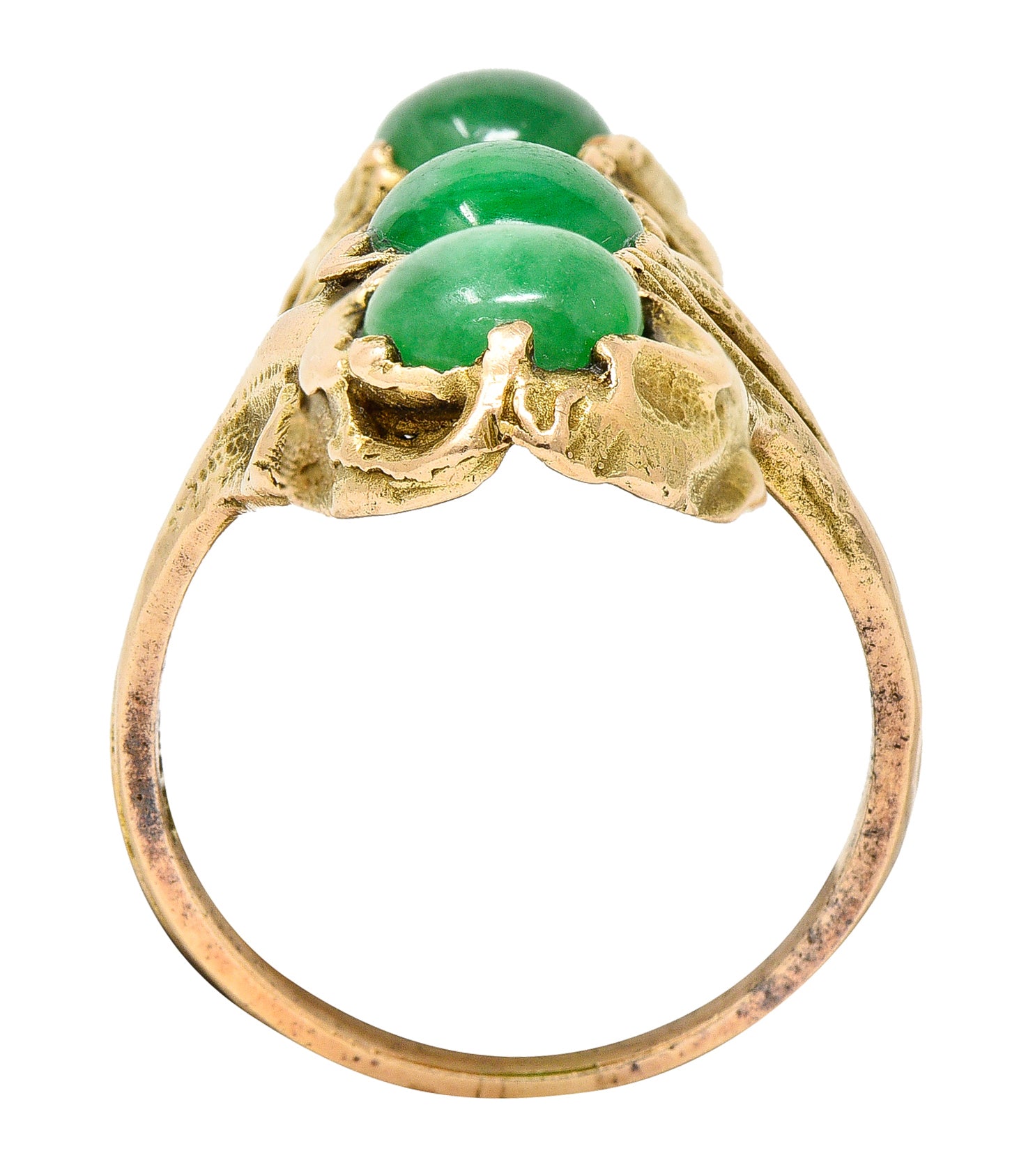 Walton & Co. Arts & Crafts Jade Cabochon 14 Karat Yellow Gold Antique Ginkgo Ring Wilson's Estate Jewelry