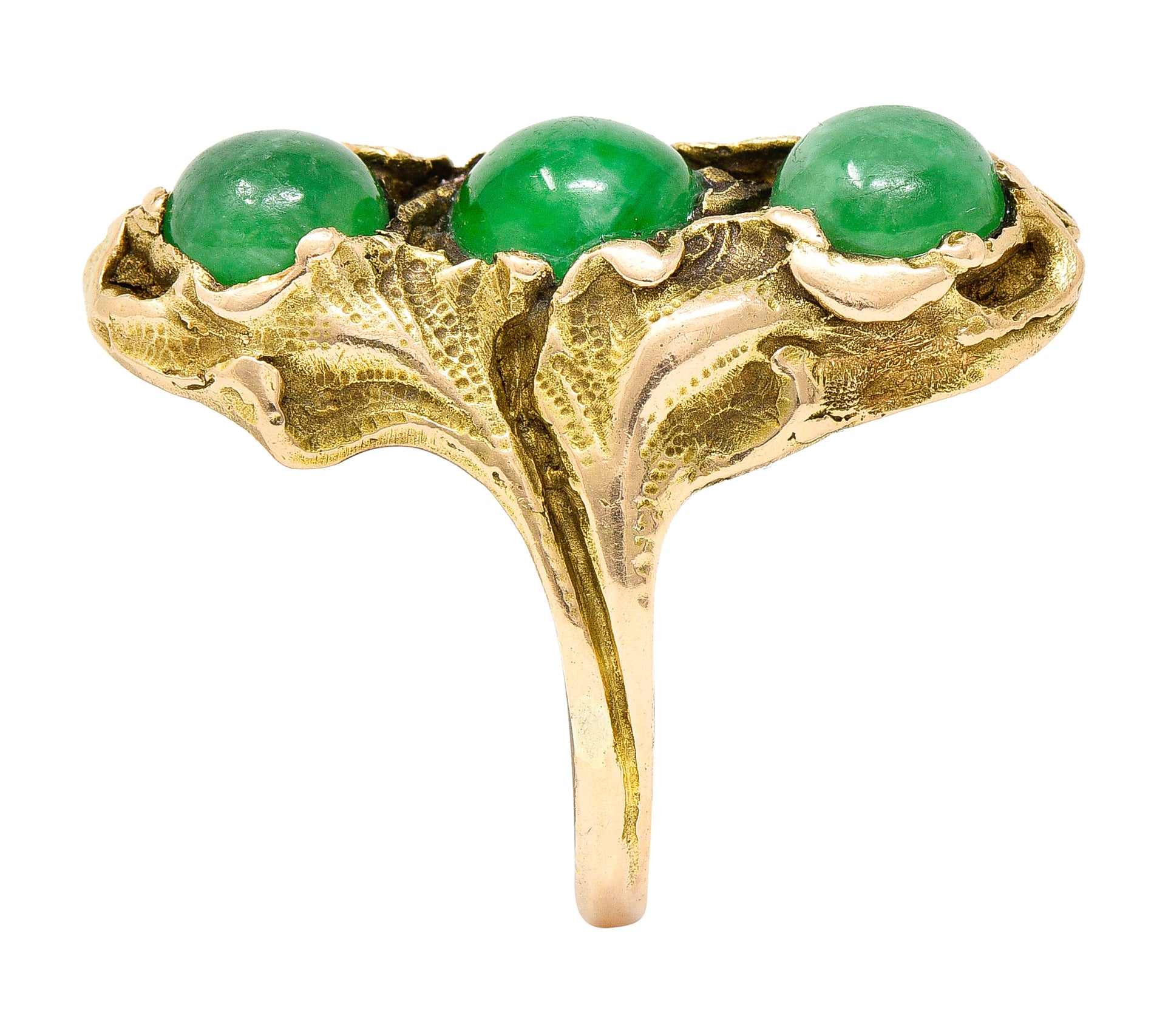 Walton & Co. Arts & Crafts Jade Cabochon 14 Karat Yellow Gold Antique Ginkgo Ring Wilson's Estate Jewelry