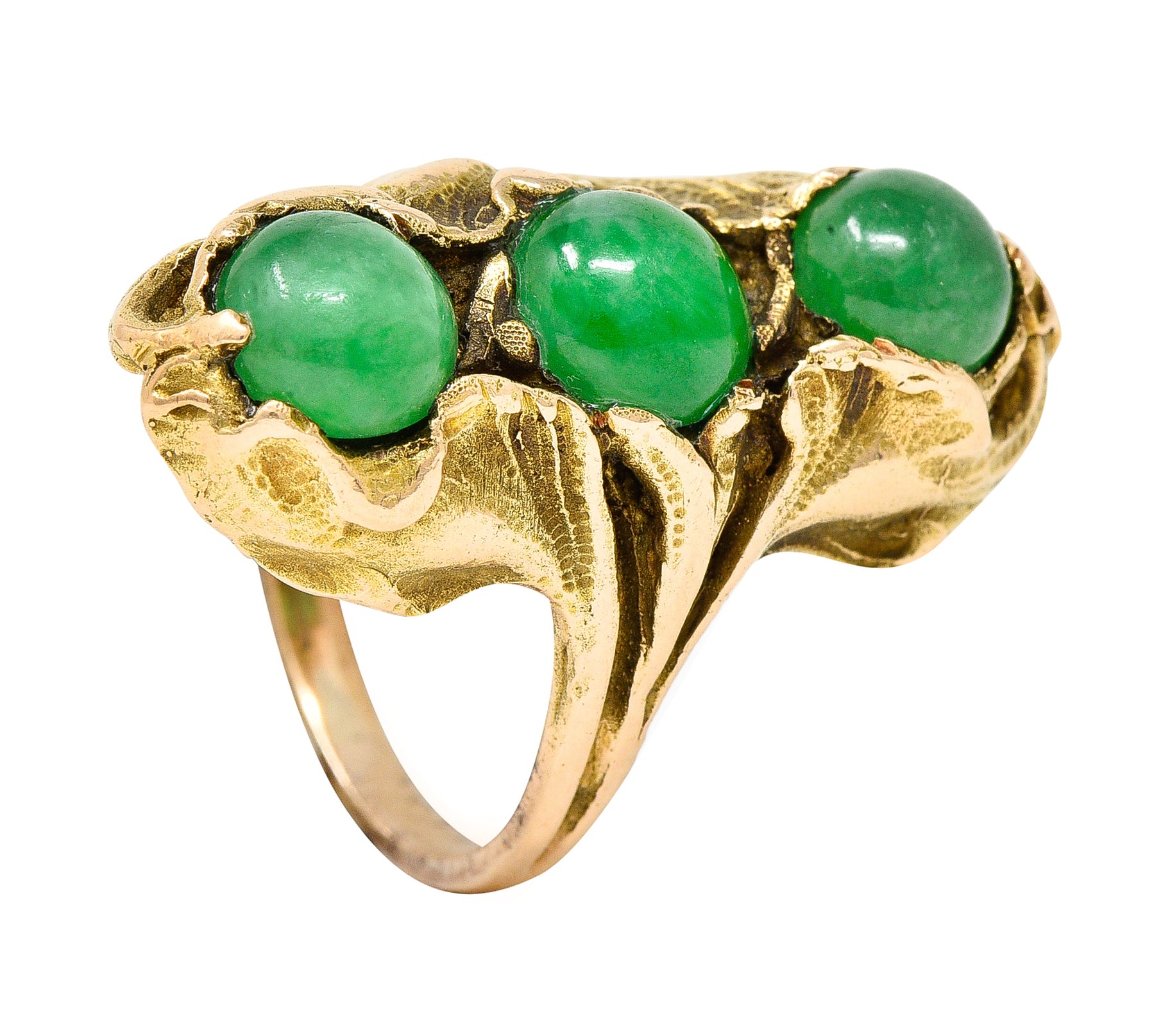 Walton & Co. Arts & Crafts Jade Cabochon 14 Karat Yellow Gold Antique Ginkgo Ring Wilson's Estate Jewelry