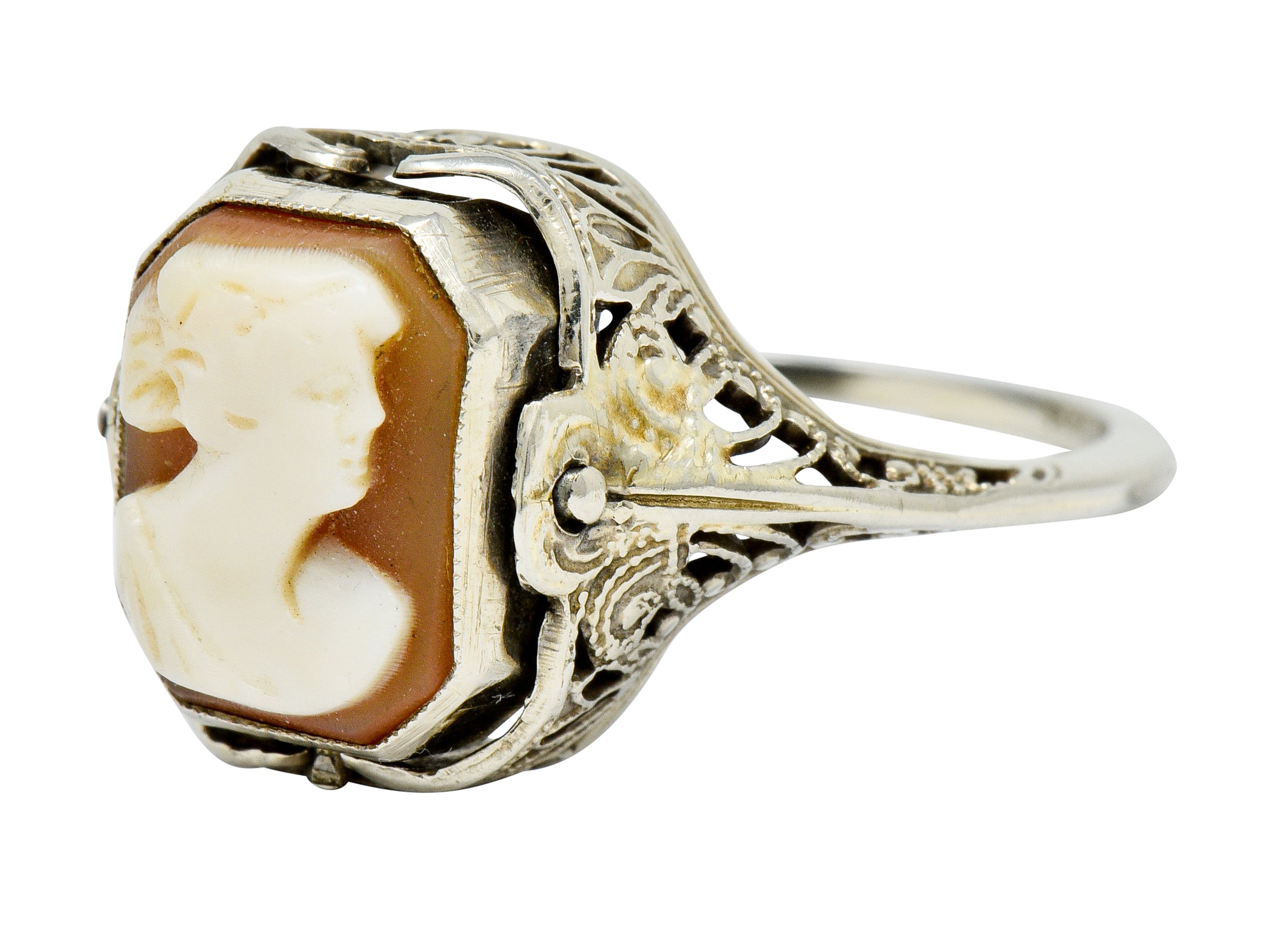 1929 Art Deco Onyx Shell Cameo 14 Karat White Gold Date Flip Ring - Wilson's Estate Jewelry