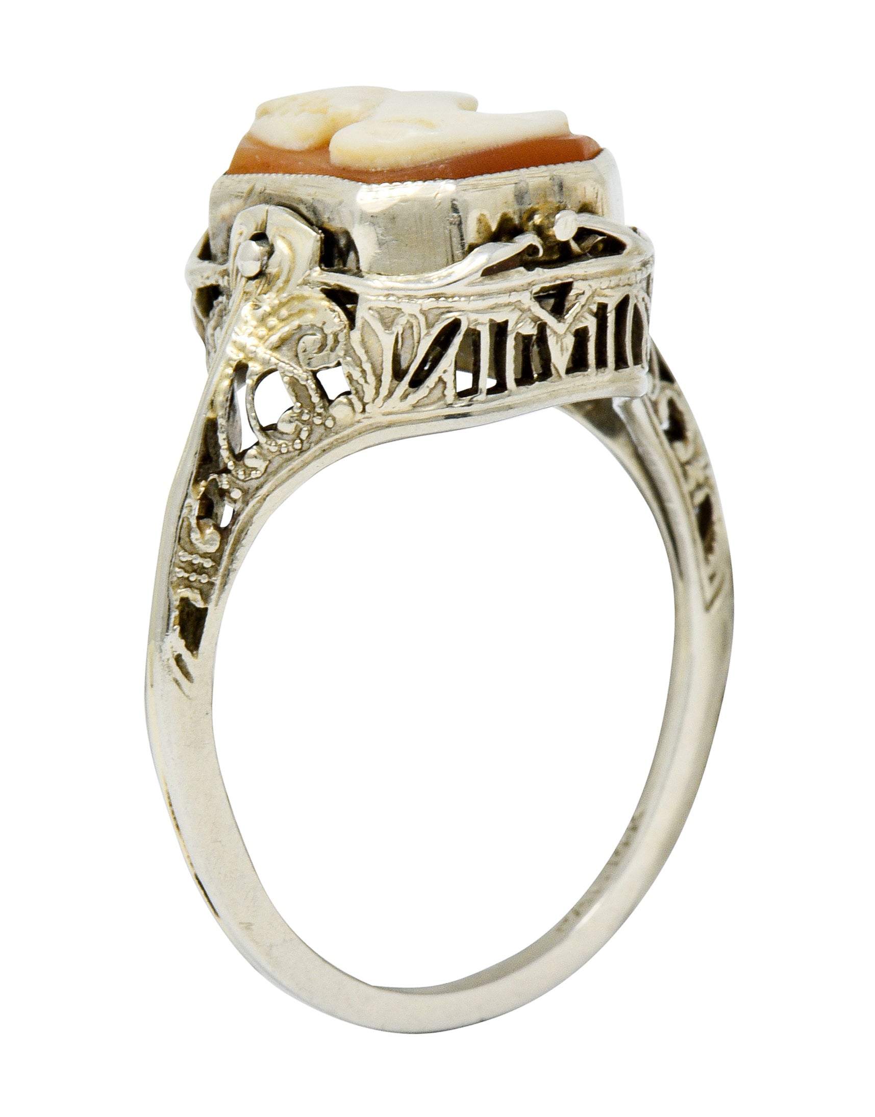 1929 Art Deco Onyx Shell Cameo 14 Karat White Gold Date Flip Ring - Wilson's Estate Jewelry