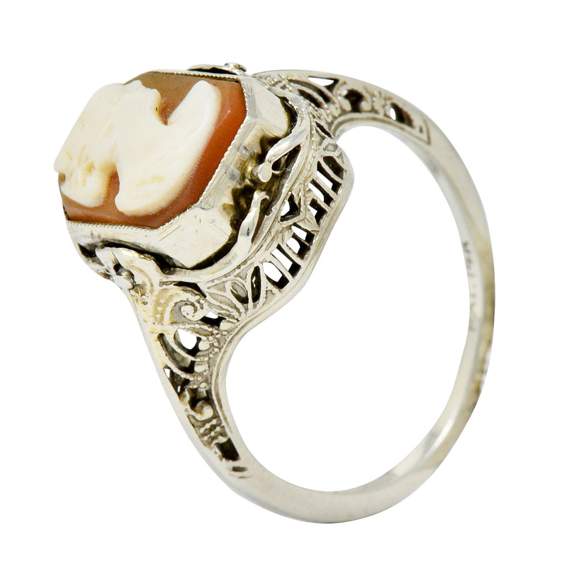 1929 Art Deco Onyx Shell Cameo 14 Karat White Gold Date Flip Ring - Wilson's Estate Jewelry