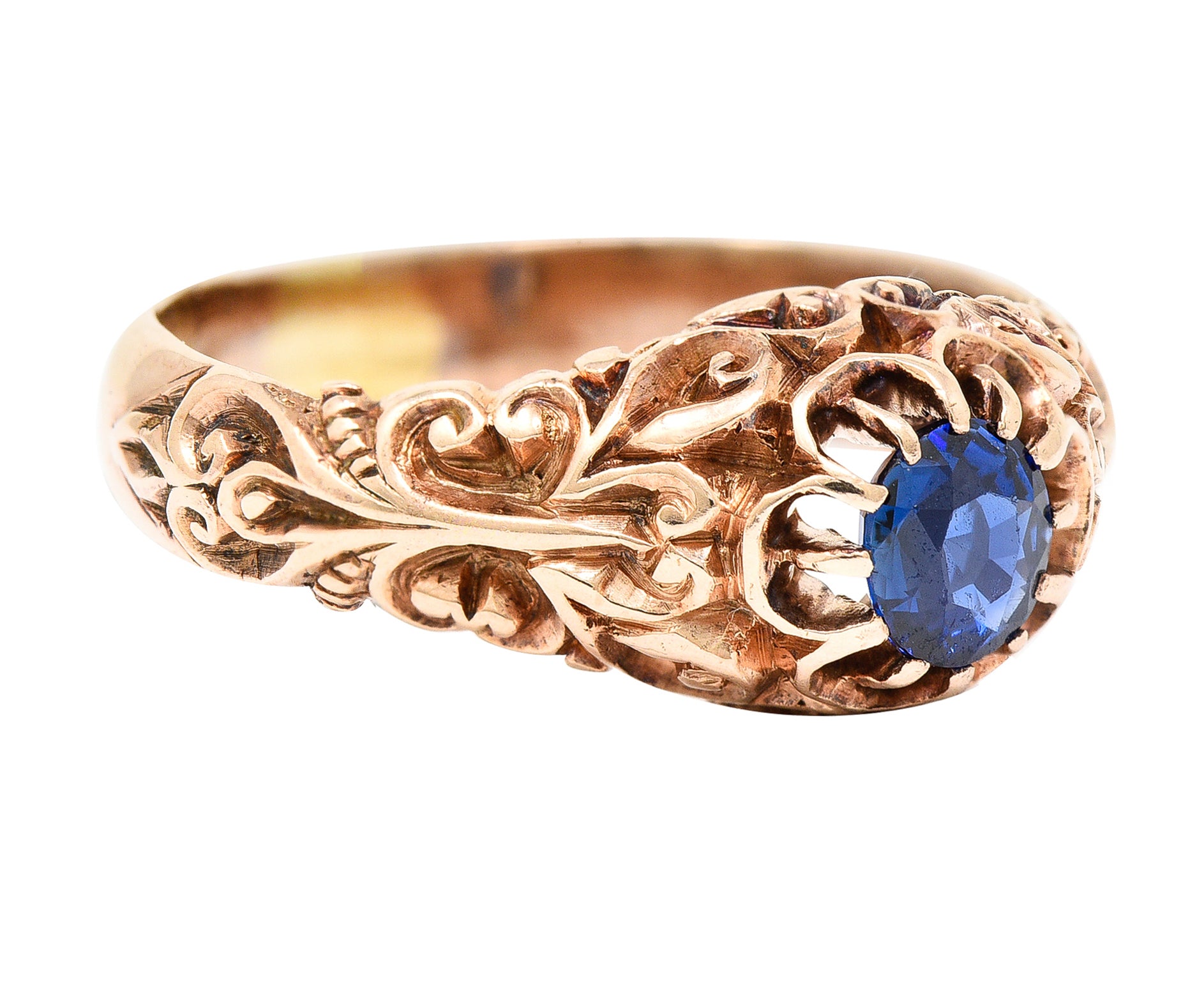 Victorian Sapphire 14 Karat Rose Gold Belcher Scrolling Heart Antique Ring Wilson's Estate Jewelry