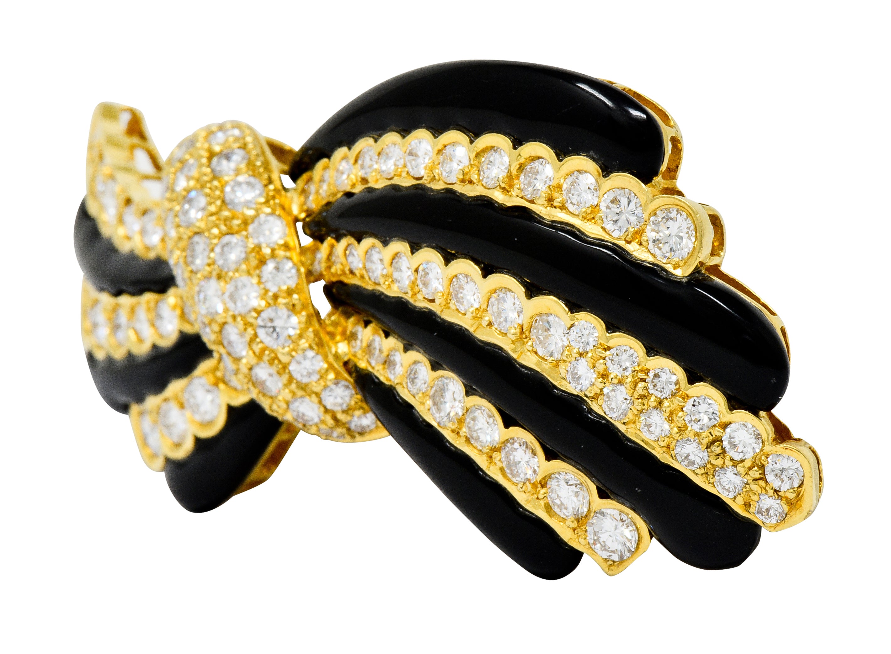 1970's Vintage 5.55 CTW Diamond Onyx 18 Karat Gold Striped Bow Brooch - Wilson's Estate Jewelry