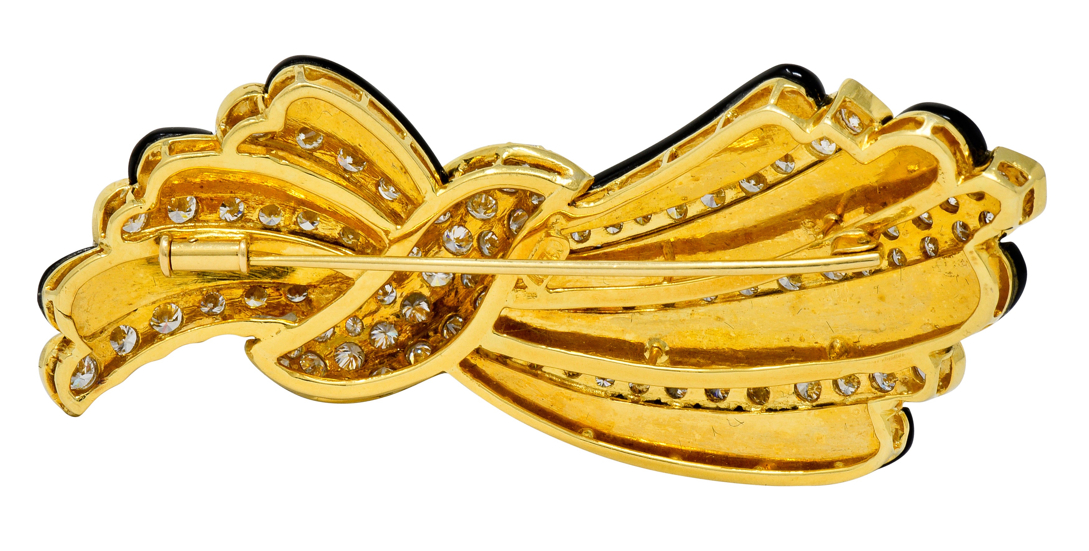 1970's Vintage 5.55 CTW Diamond Onyx 18 Karat Gold Striped Bow Brooch - Wilson's Estate Jewelry