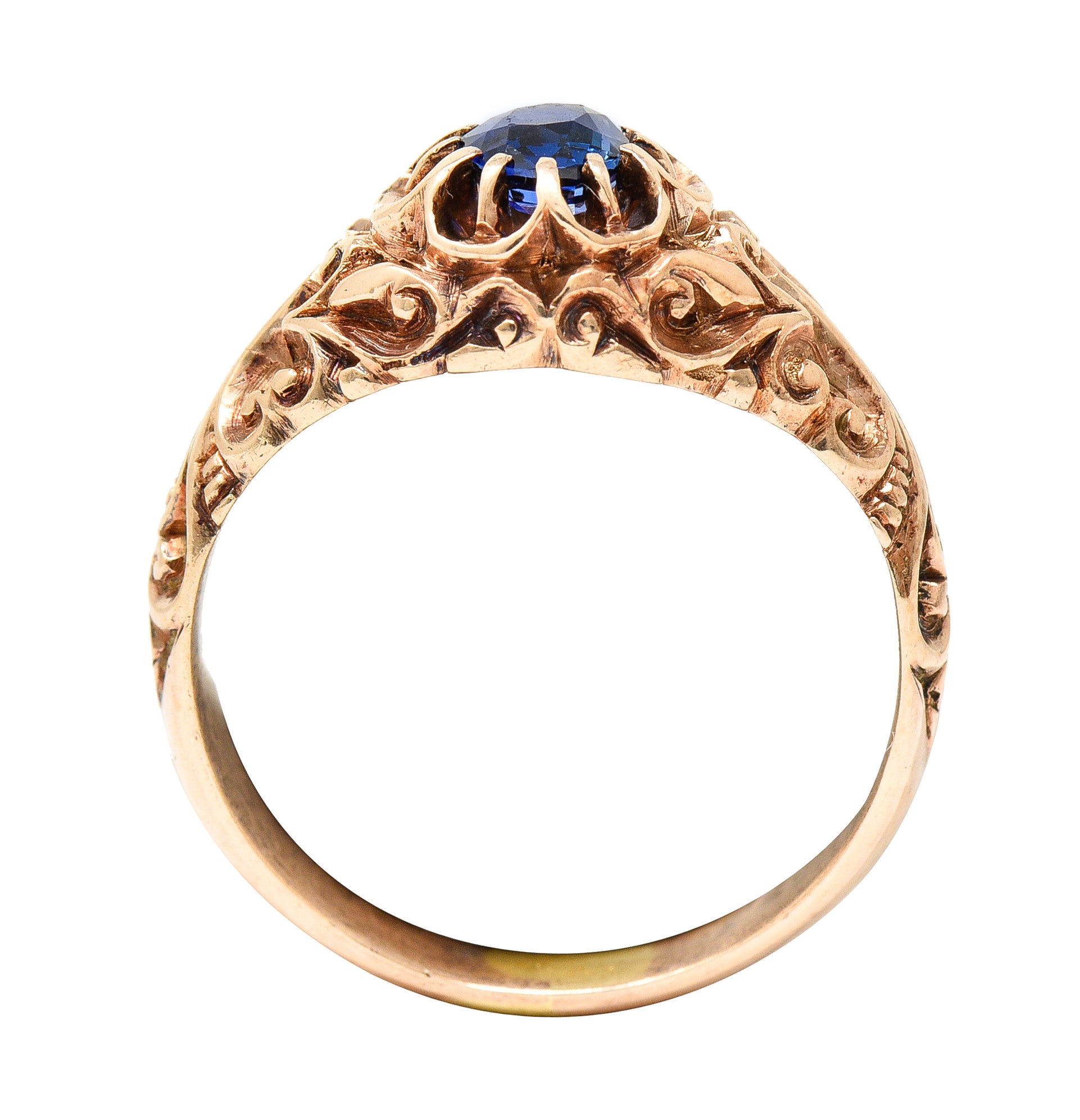 Victorian Sapphire 14 Karat Rose Gold Belcher Scrolling Heart Antique Ring Wilson's Estate Jewelry